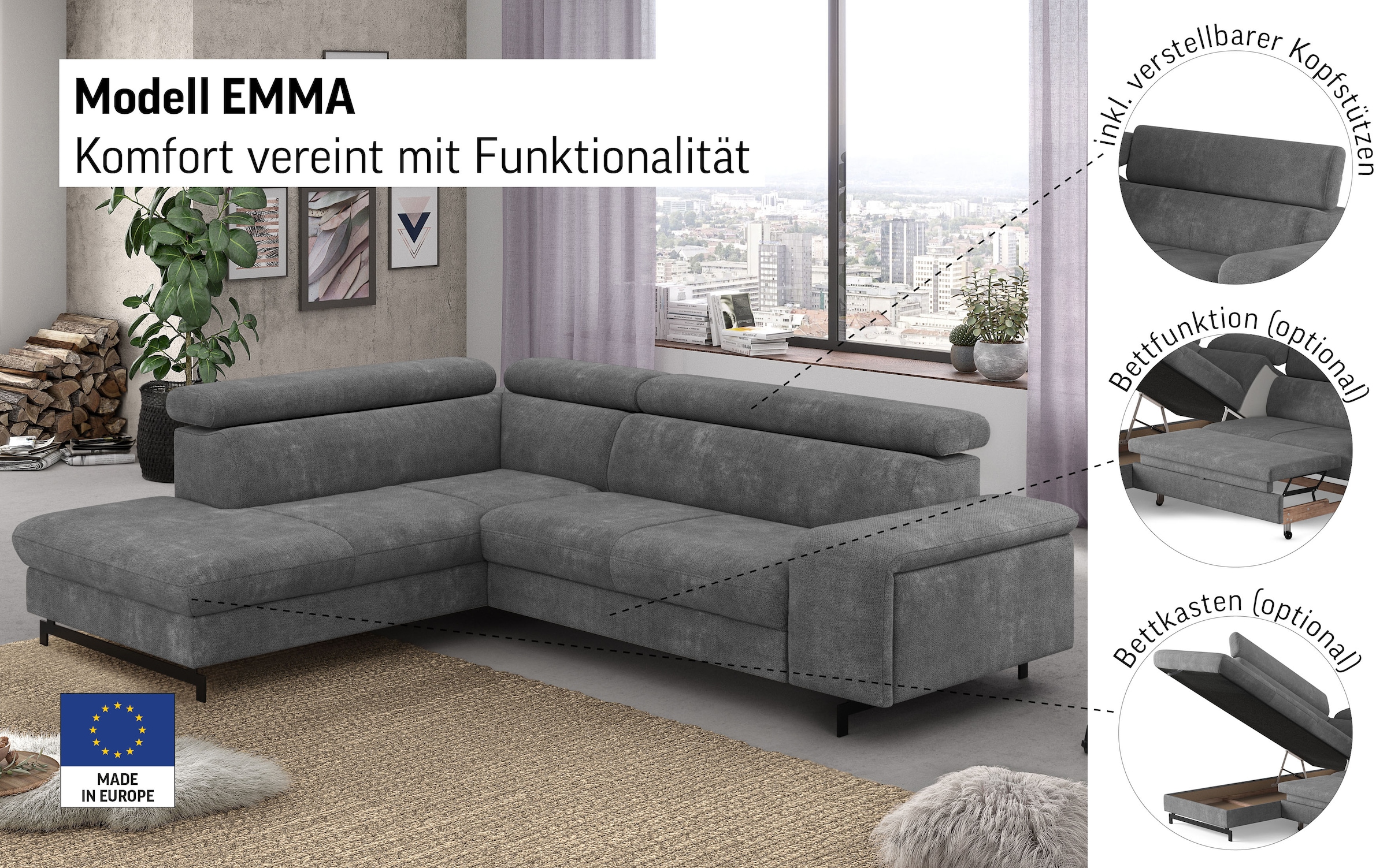 Thumbnail - COTTA Ecksofa "Emma L-Form, B: 262 cm" mit Kopfteilverstellung, optional Bettfunktion & Bettkasten