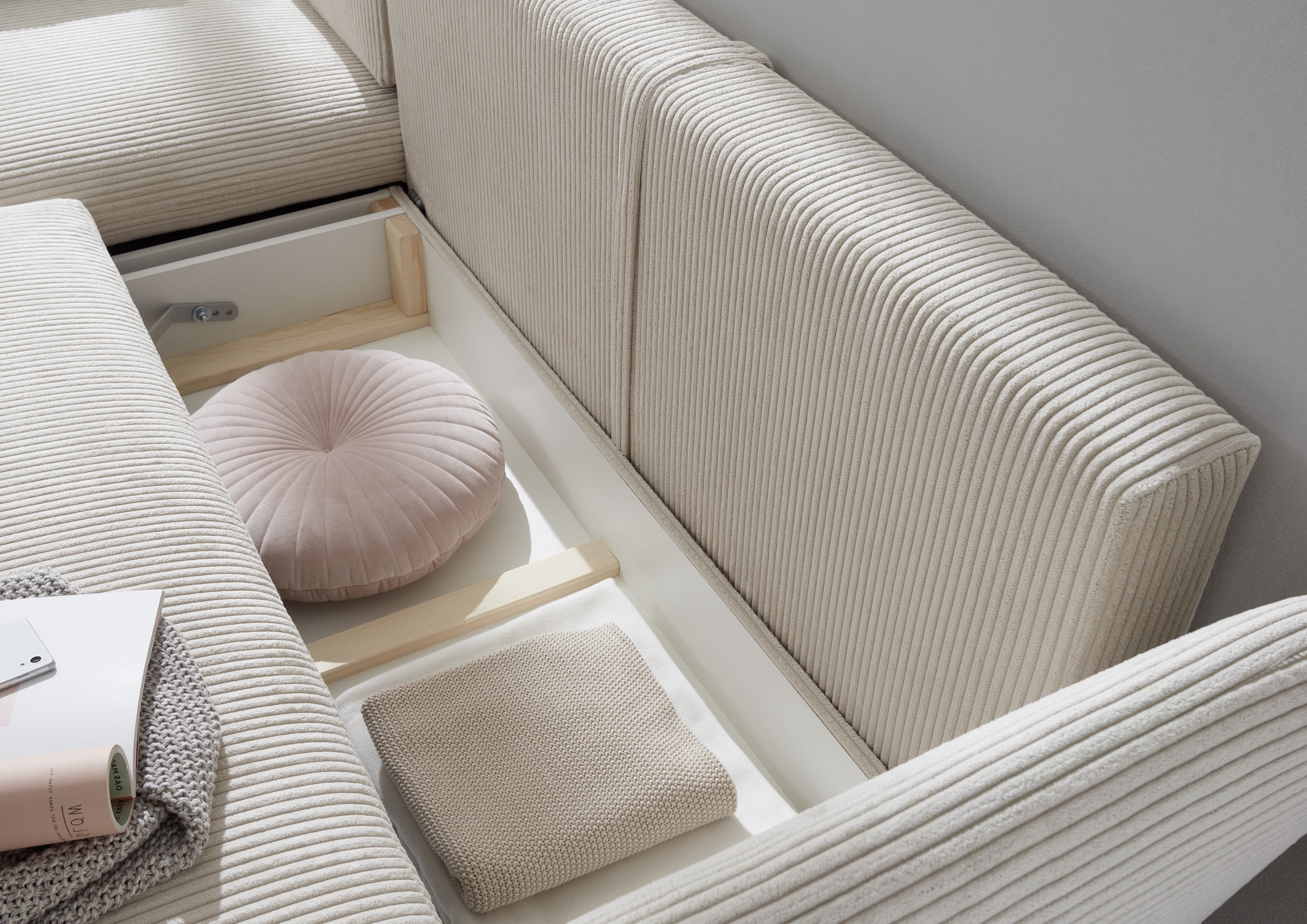 andas Ecksofa »MERLE, 258 cm, L-Form, traumhafter Cord,«, mit Bettfunktion und Bettkasten, Liegefläche 224 x 139