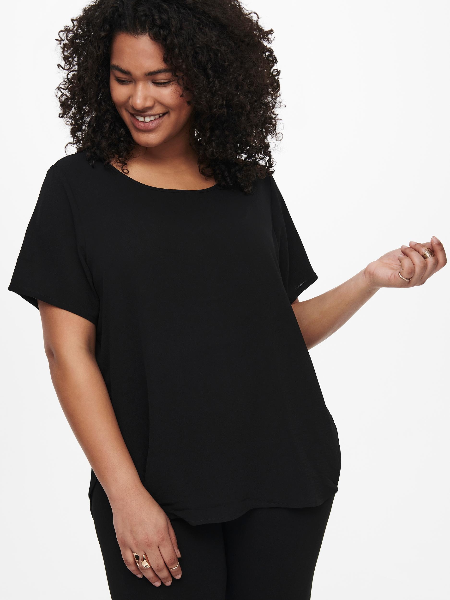Shirtbluse ONLY CARMAKOMA "CARVICA SS TOP WVN NOOS", Damen, Gr. 42, schwarz, Web, Obermaterial: 97% Polyester, 3% Elasthan, unifarben, regular fit normal, Rundhals, Blusen, Materialmix, regular fit 2