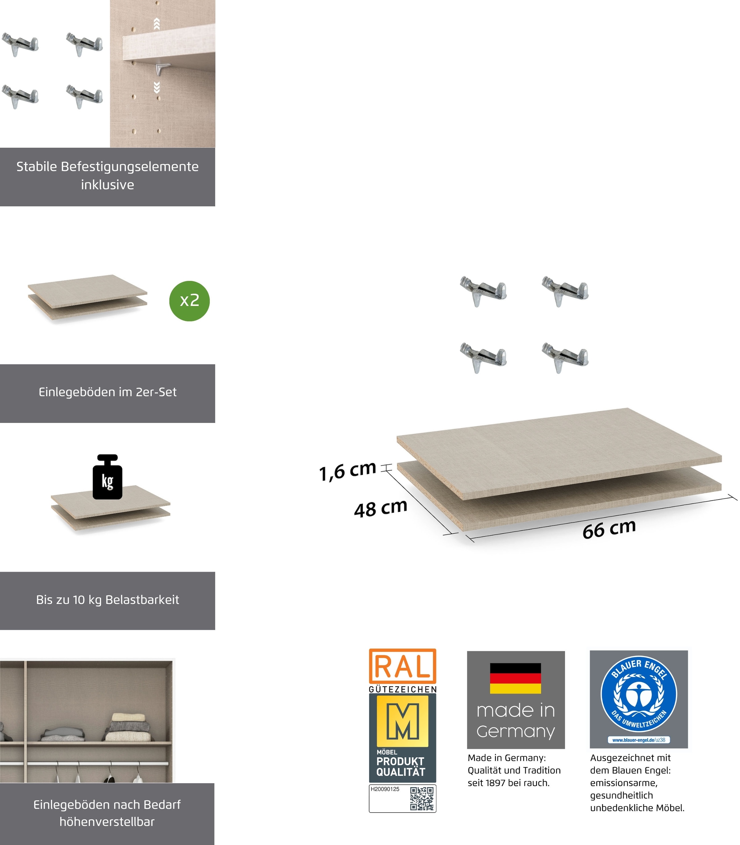 rauch Einlegeboden »Zubehör für Rauch-Schwebetürenschränke ORANGE«, 2er-Set Breite 66 cm, Tiefe 48 cm