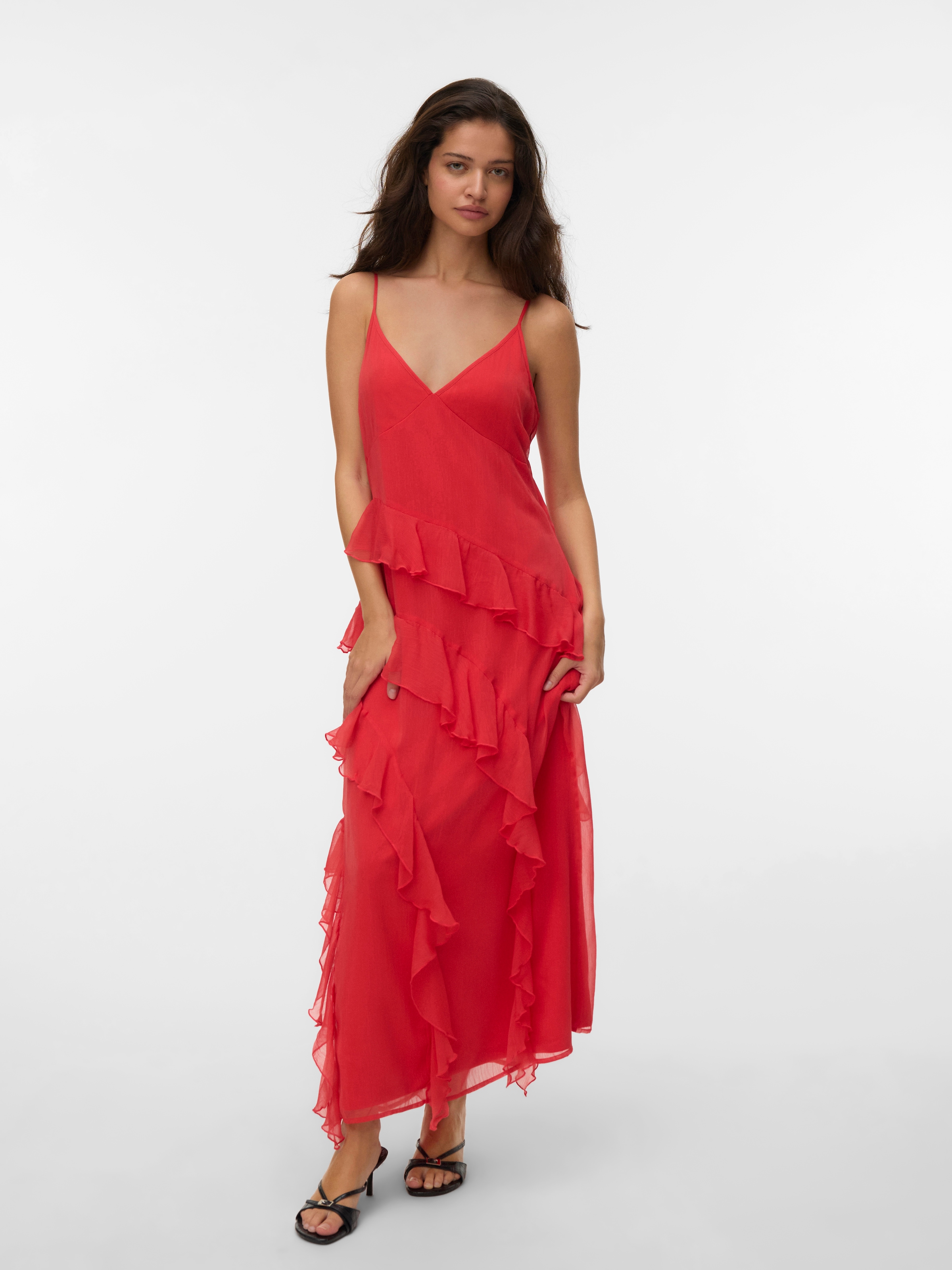 Vero Moda Trägerkleid »VMSMILLA S/L V-NECK LONG FRILL DRESS WVN« Kunstfaser