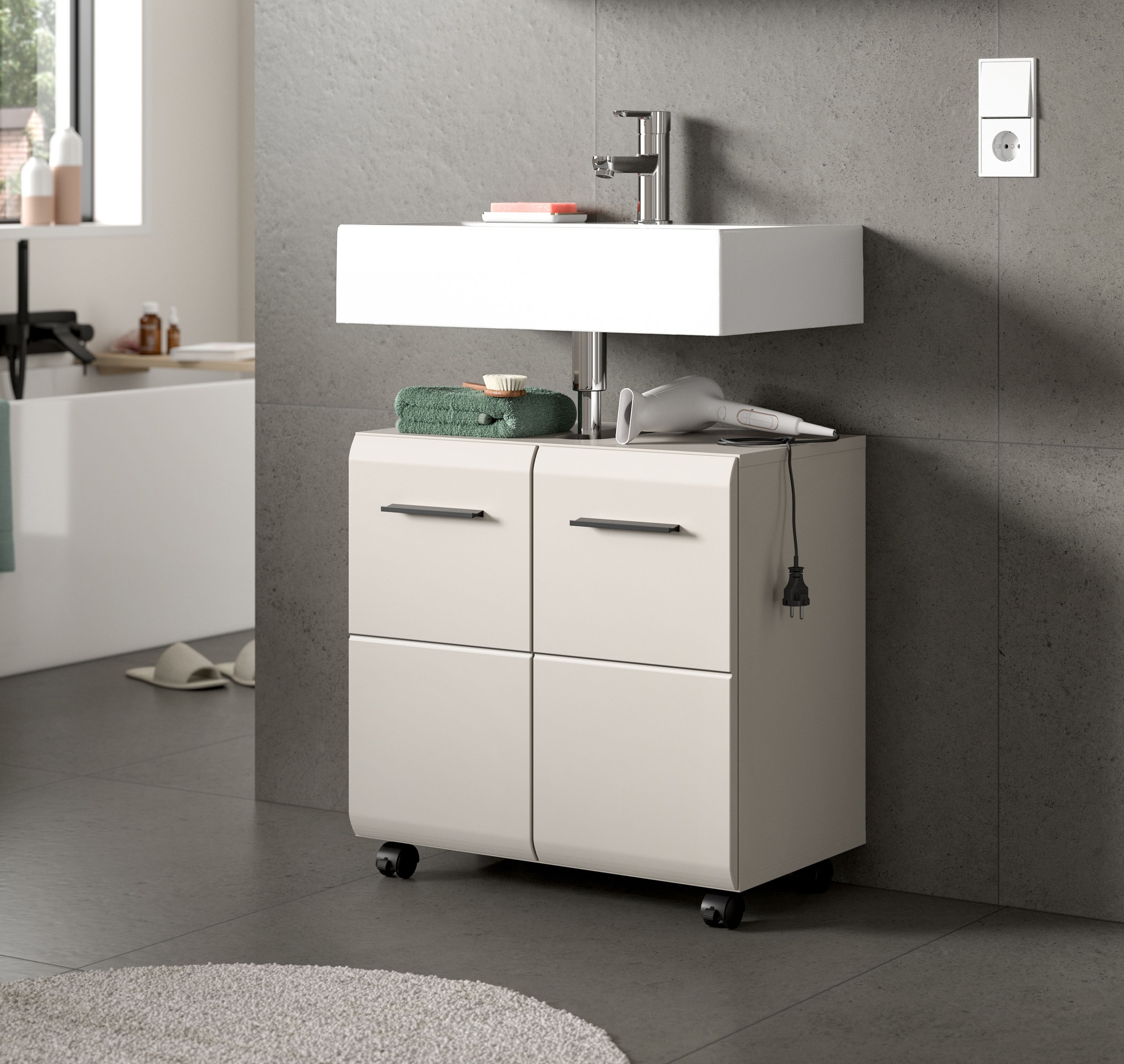 welltime Waschbeckenunterschrank "FLORENZ, Breite 60cm, inkl. Siphonausschnitt, mit Türen oder Schüben" TOPSELLER, 1 Stk. tlg. hochwertige MDF Front, Griff schwarz, Badschrank, Bad