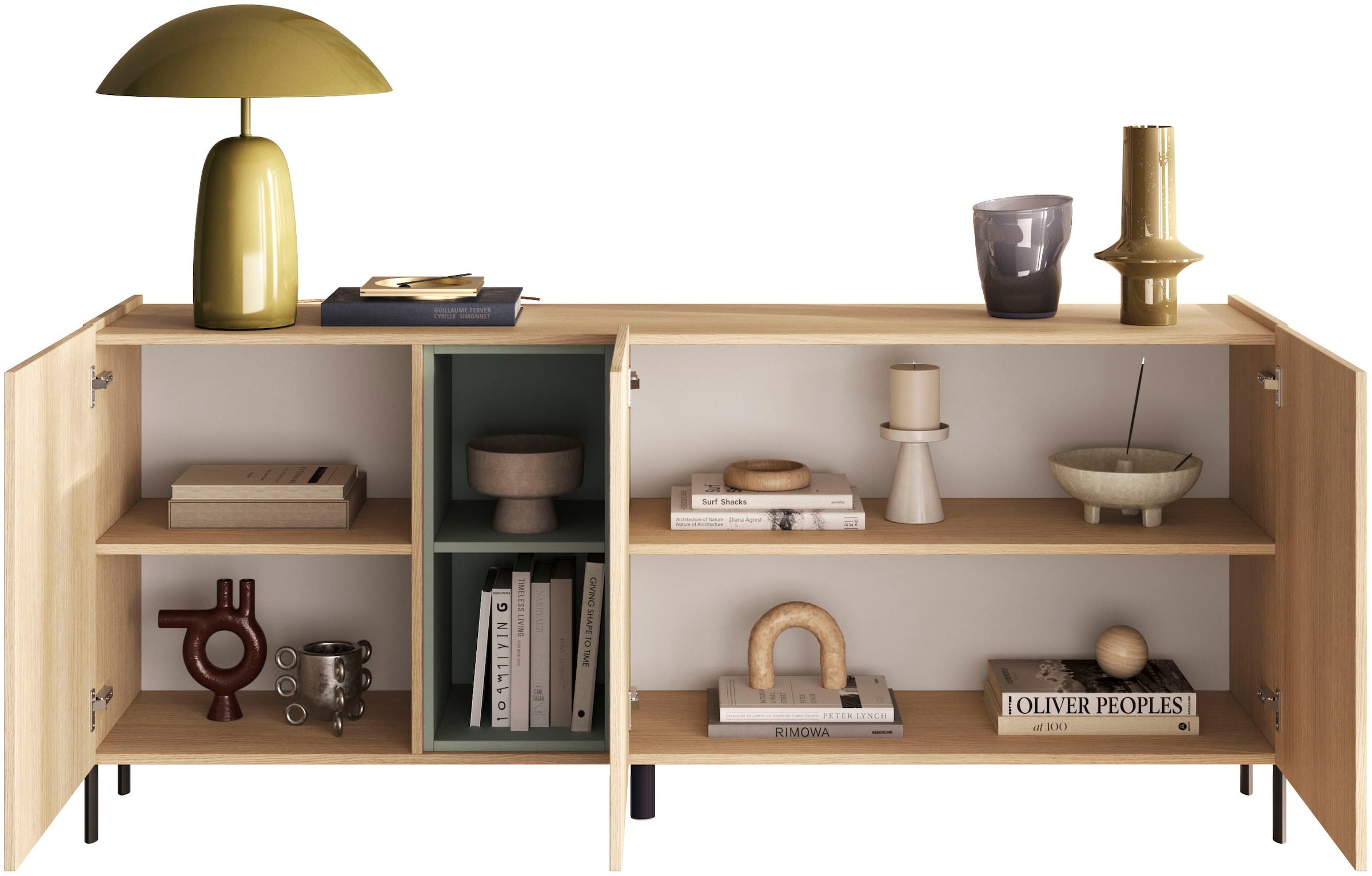 OTTO home Sideboard »Badia, 182 cm breit, 2 Türen, Anrichte, Kommode, Stauraumschrank« Innenliegendes Top, gerade Metallfüße, salbeigrüne Farbakzente