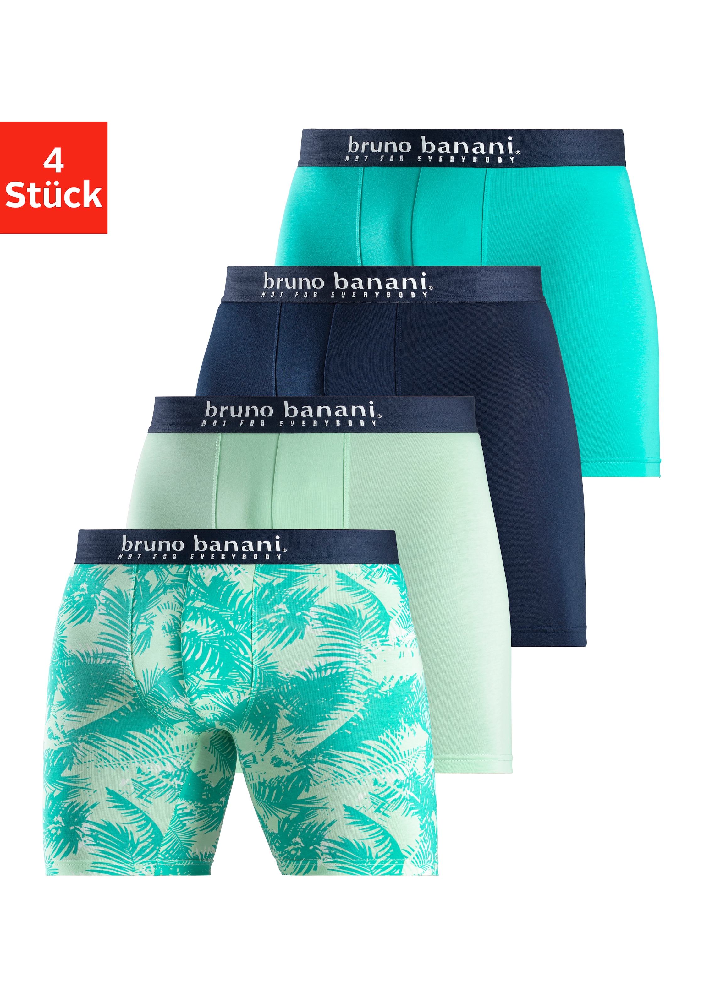 Bruno Banani Langer Boxer Packung, 4er-Pack, 4 Stk. Langes Bein, Palmendruck und unifarben aus Baumwollmischung