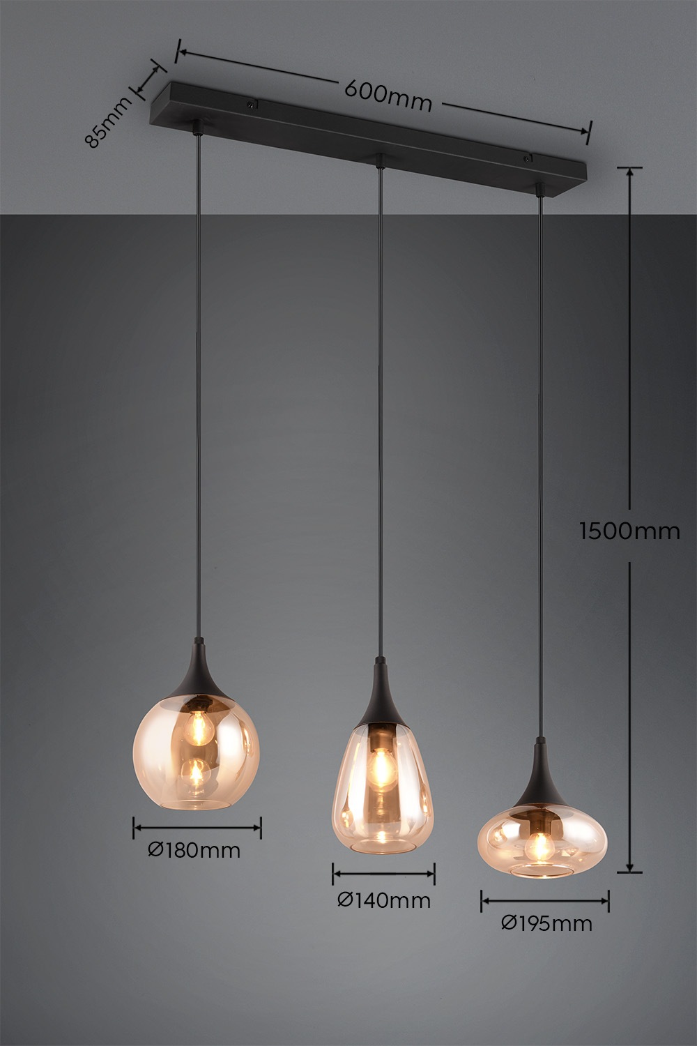 TRIO Leuchten Pendelleuchte »LUMINA, E14 Hängelampe 3-flammig Glasschirme in 3 Formen amberfarbig«, 3 flammig, Leuchtmittel E14 | Leuchtmittel wechselbar, exkl 3x E14 max 40W, Hängeleuchte höhenverstellbar bis max 150 cm