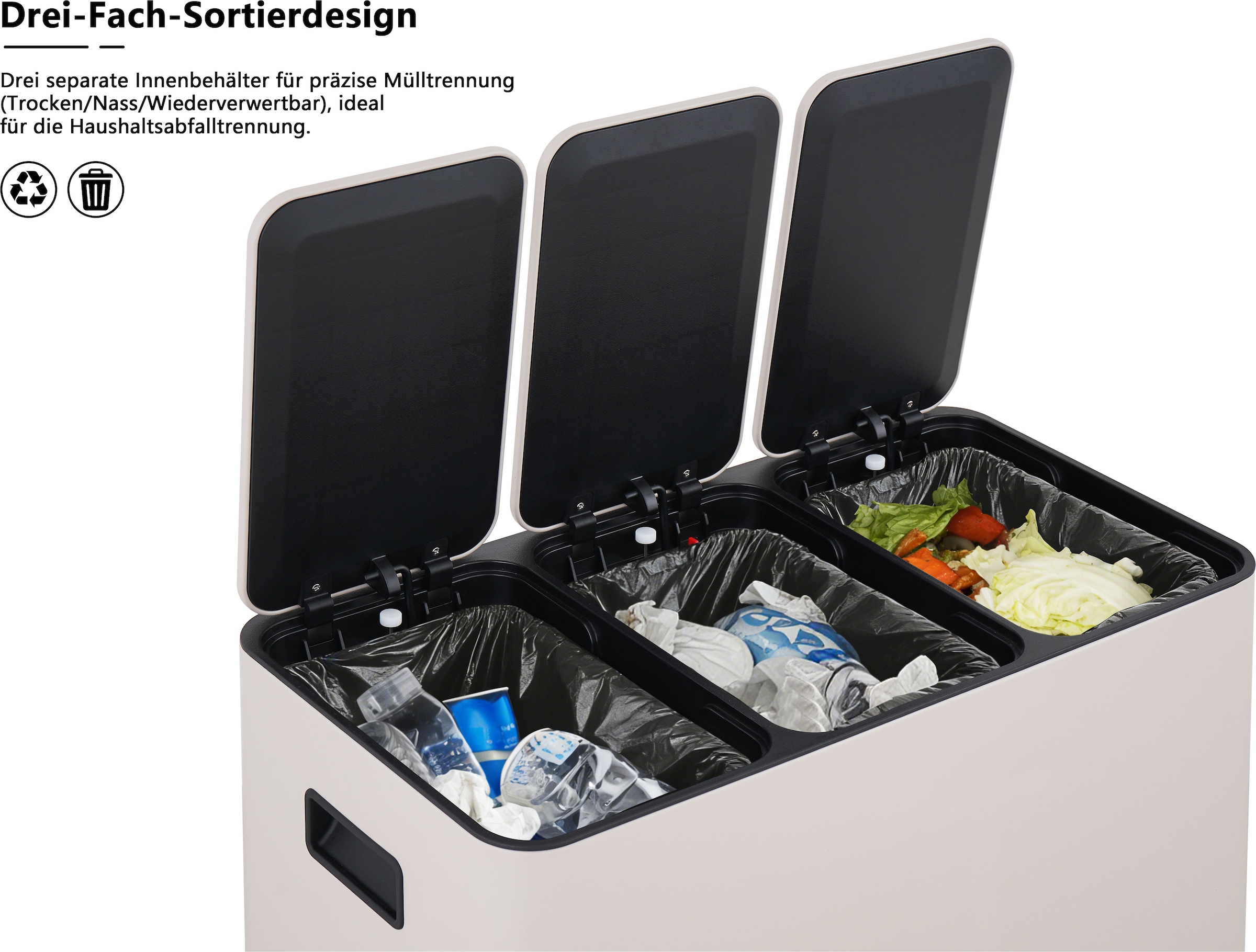 OTTO home Mülleimer »Garrin, mit 3 Fächern, Fassungsvermögen jeweils 15 Liter« 3 Behälter Mülltrennsystem mit 3 separaten Innenbehältern und Fußtrittpedalen