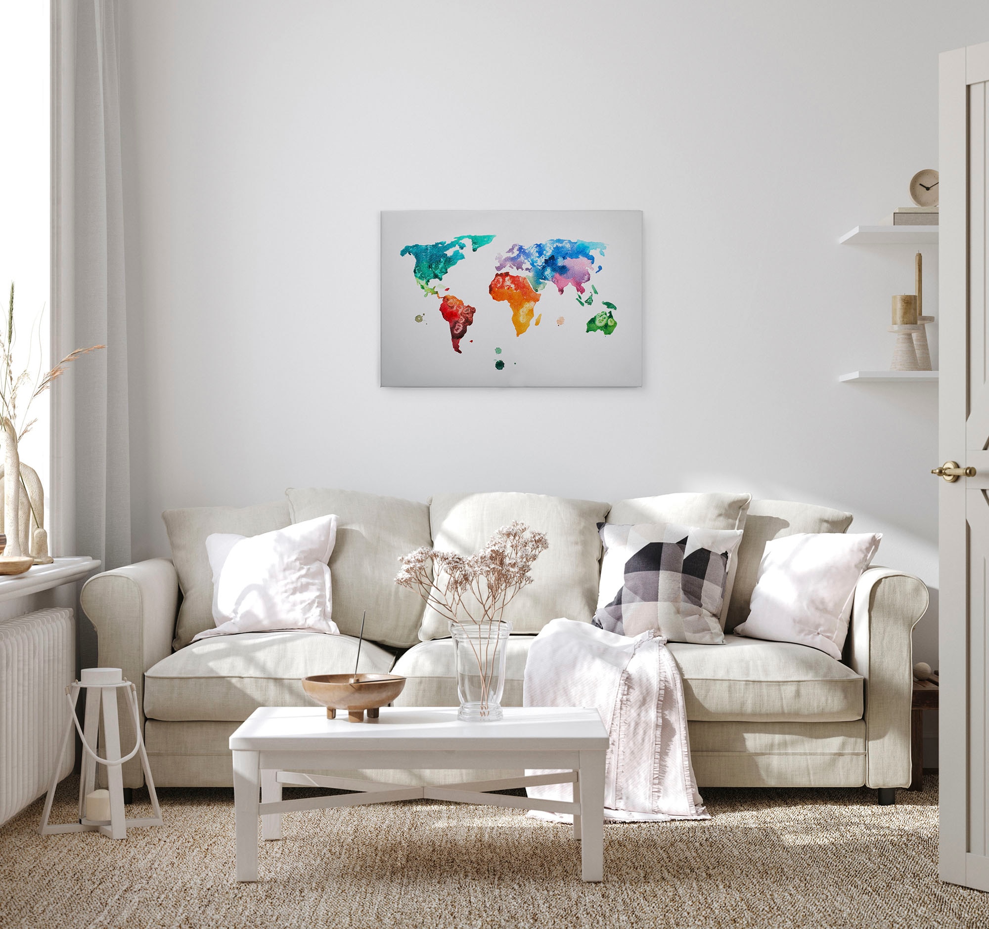 A.S. Création Leinwandbild »Colourful World«, Kunst-Weltkarte-Kinder, (1 St.), Atlas Weltkarte Bunt Aquarell Keilrahmen Leinwand-Bild Wohnzimmer Wand