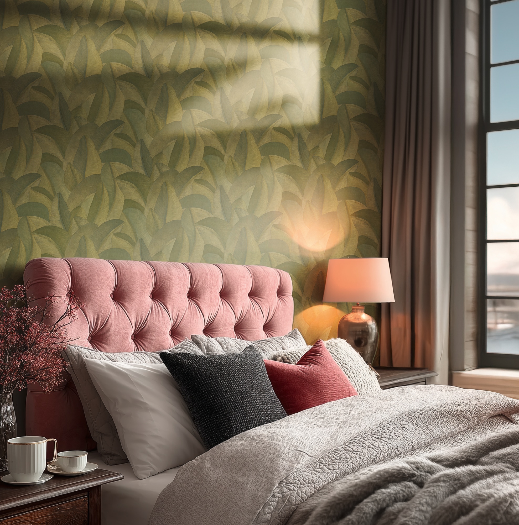 living walls "Vibes & Styles Isabelle – Golden Canopy Vliestapete" glänzend leicht strukturiert Großflächiges Blattdesign mit feiner Struktur und Glanzeffekt