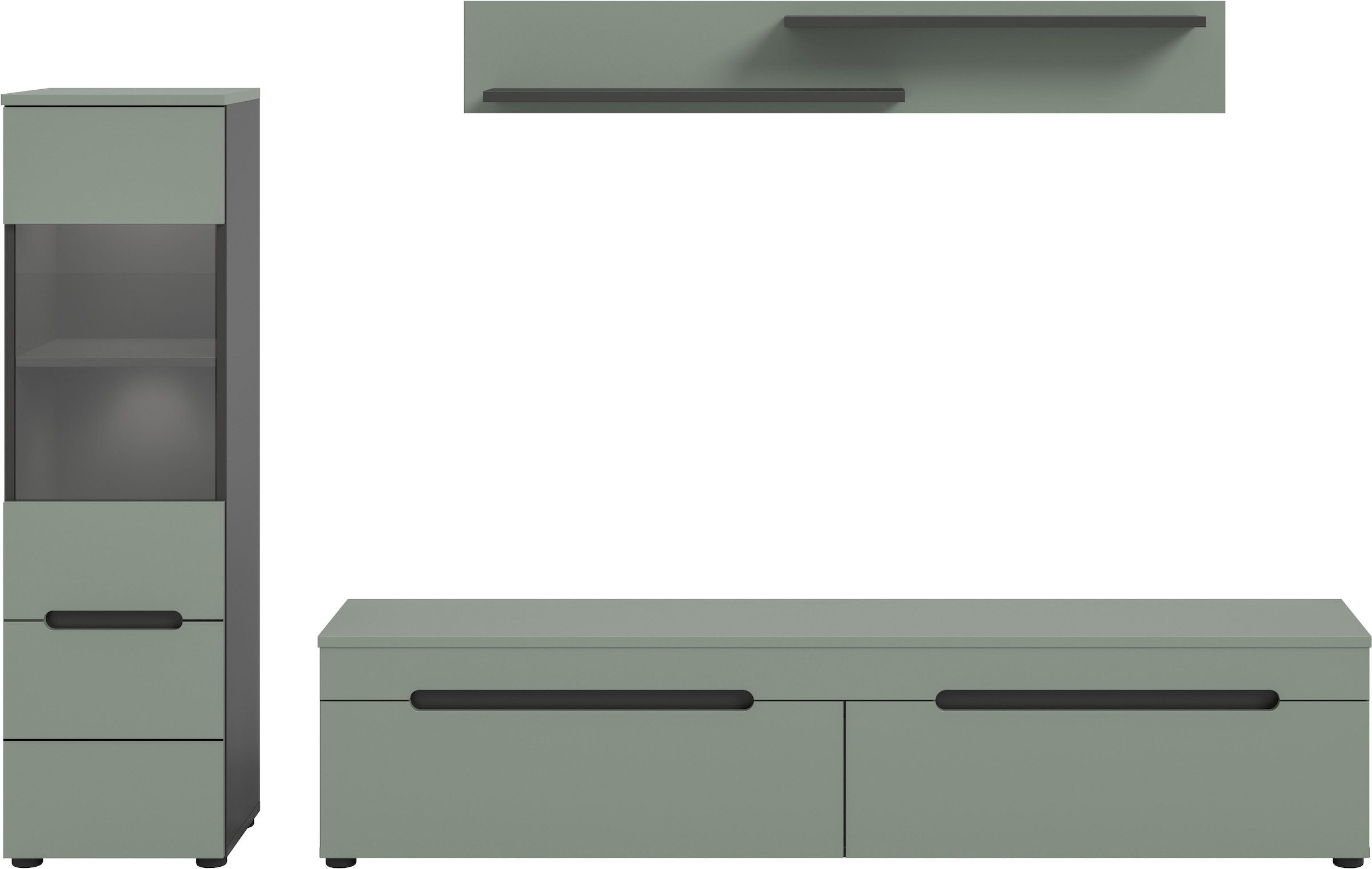INOSIGN Wohnwand »REHAT, TOPSELLER!, 3-teilig, inkl. Beleuchtung, stehend oder hängend«, (3 St., Set bestehend aus: Vitrine inkl. Beleuchtung, Lowboard und Wandboard), Kombination, Anbauwand, Set, Wohn-Set, Wohnzimmer-Set, Schrankwand