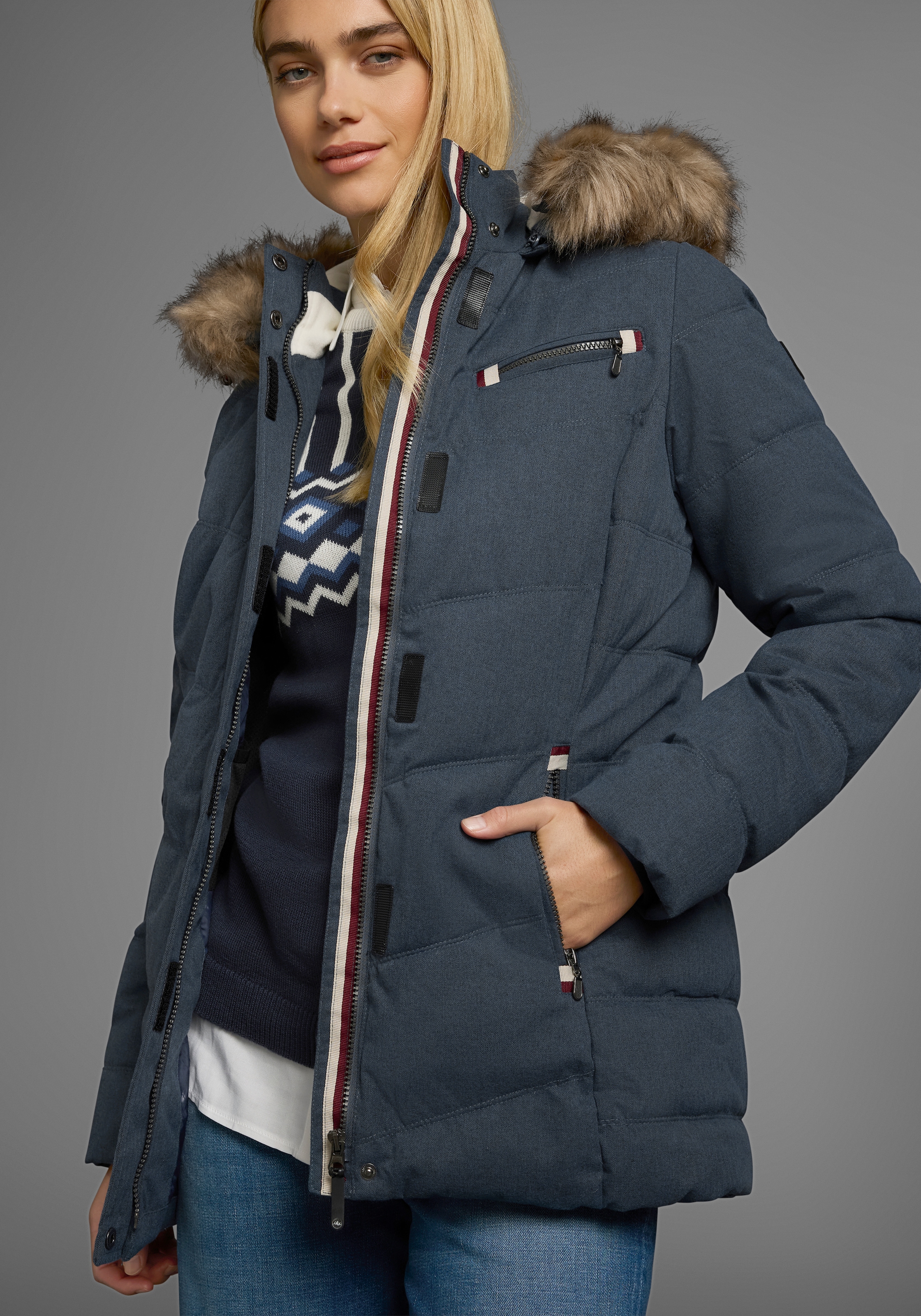Polarino Steppjacke, mit Kapuze, mit abnehmbarer Kapuze, mit Fellimitat, viele Taschen