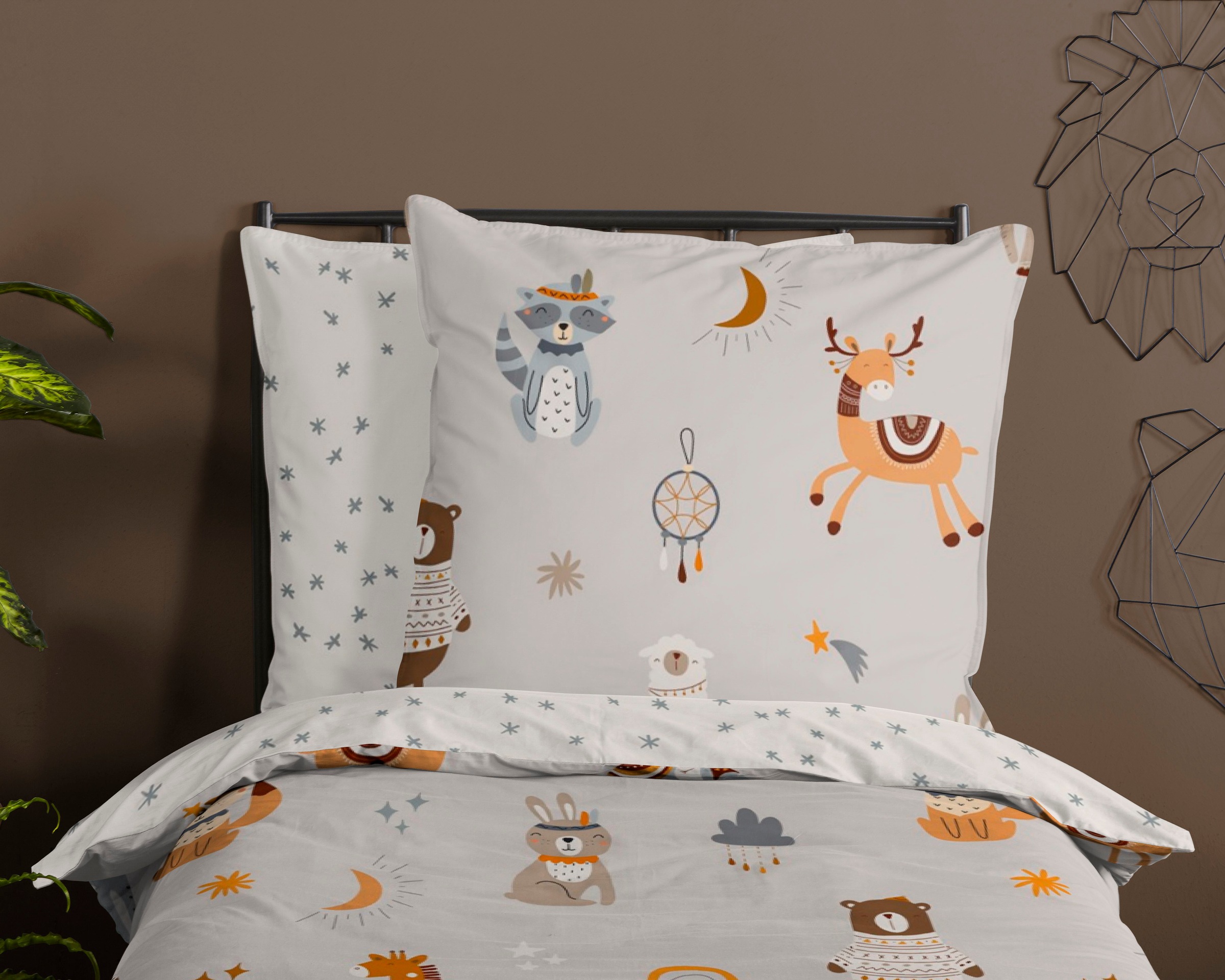 Thumbnail - good morning Kinderbettwäsche "Woody" 2 Stk. Baumwolle, 135x200, Reißverschluss, Wende, Kind, Simple, Tier, Grau