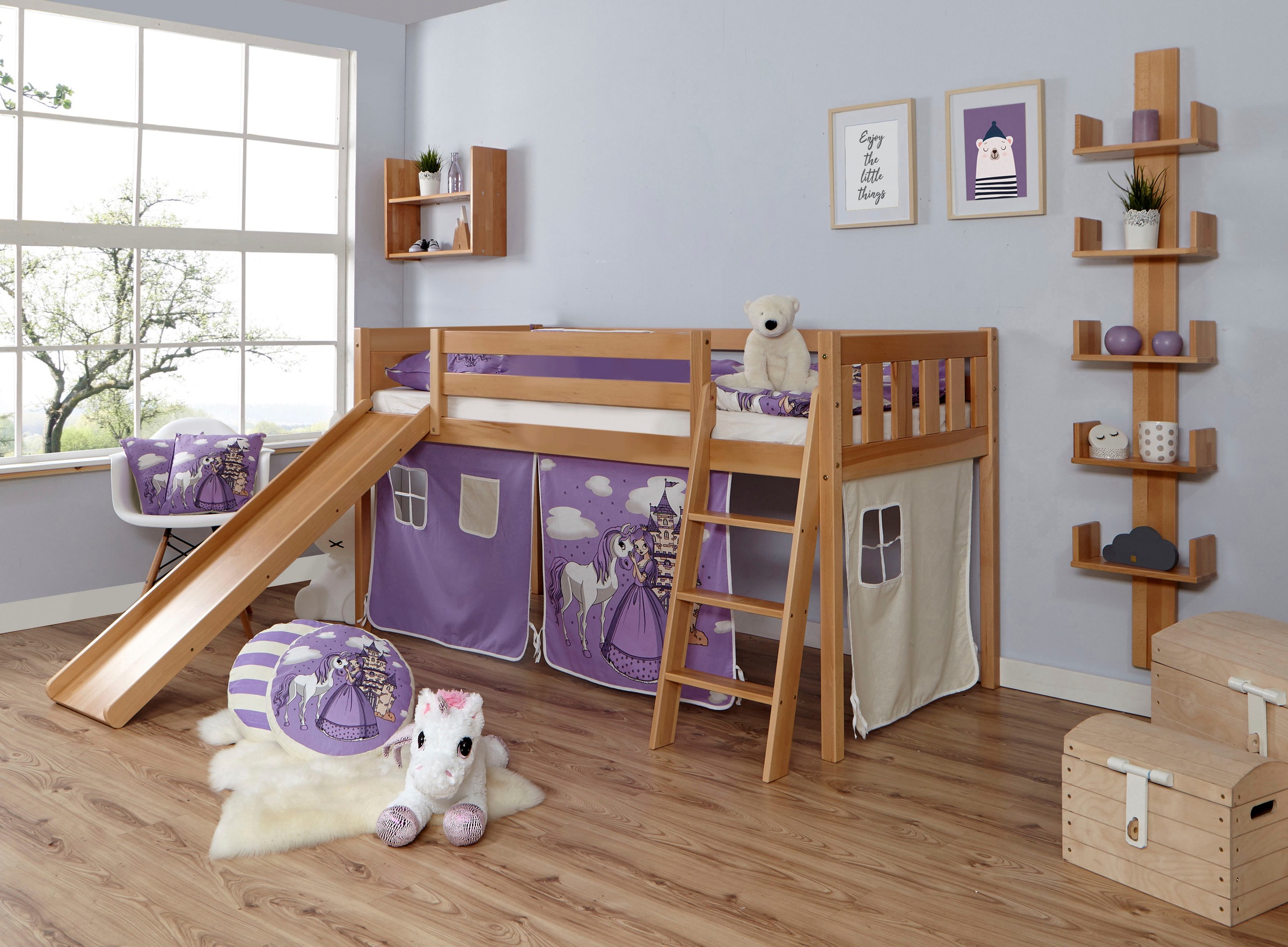 Ticaa Hochbett »Ekki«, mit Rollrost und Textil-Set wahlweise mit Matratze, Buche