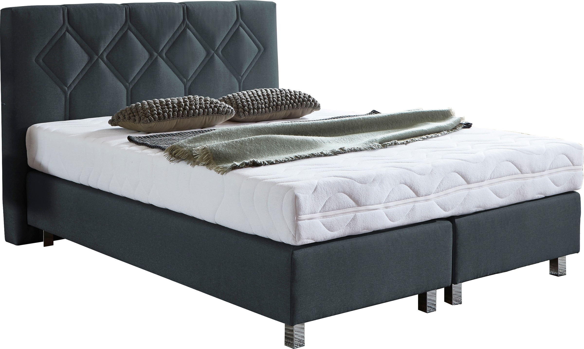 Boxspringbett "Phönix", grau (charcoal), B:155cm L:210cm, Bezug Bett: Microvelours (100% Polyester) oder Feinstruktur (100% Polyester);Bezug Bonnell-Federkernmatratze: 100% Polyester;Bezug Kaltschaummatratze: 100% Polyester;Bezug Tonnentaschenfederkernmat 9