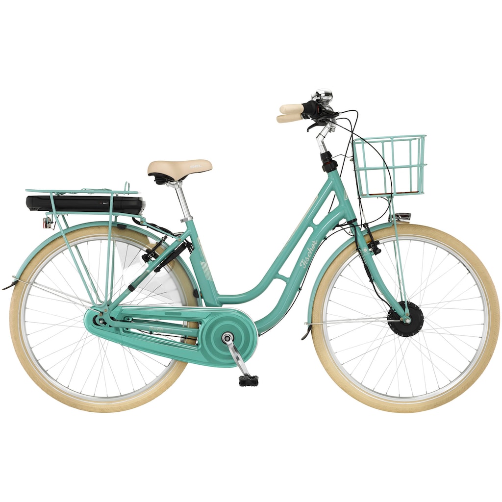 FISCHER Fahrrad E-Bike »CITA RETRO 3.0 522«, 7 Gang, Shimano, Nexus, Frontmotor 250 W, (mit Fahrradschloss), mit großem Vorderradkorb