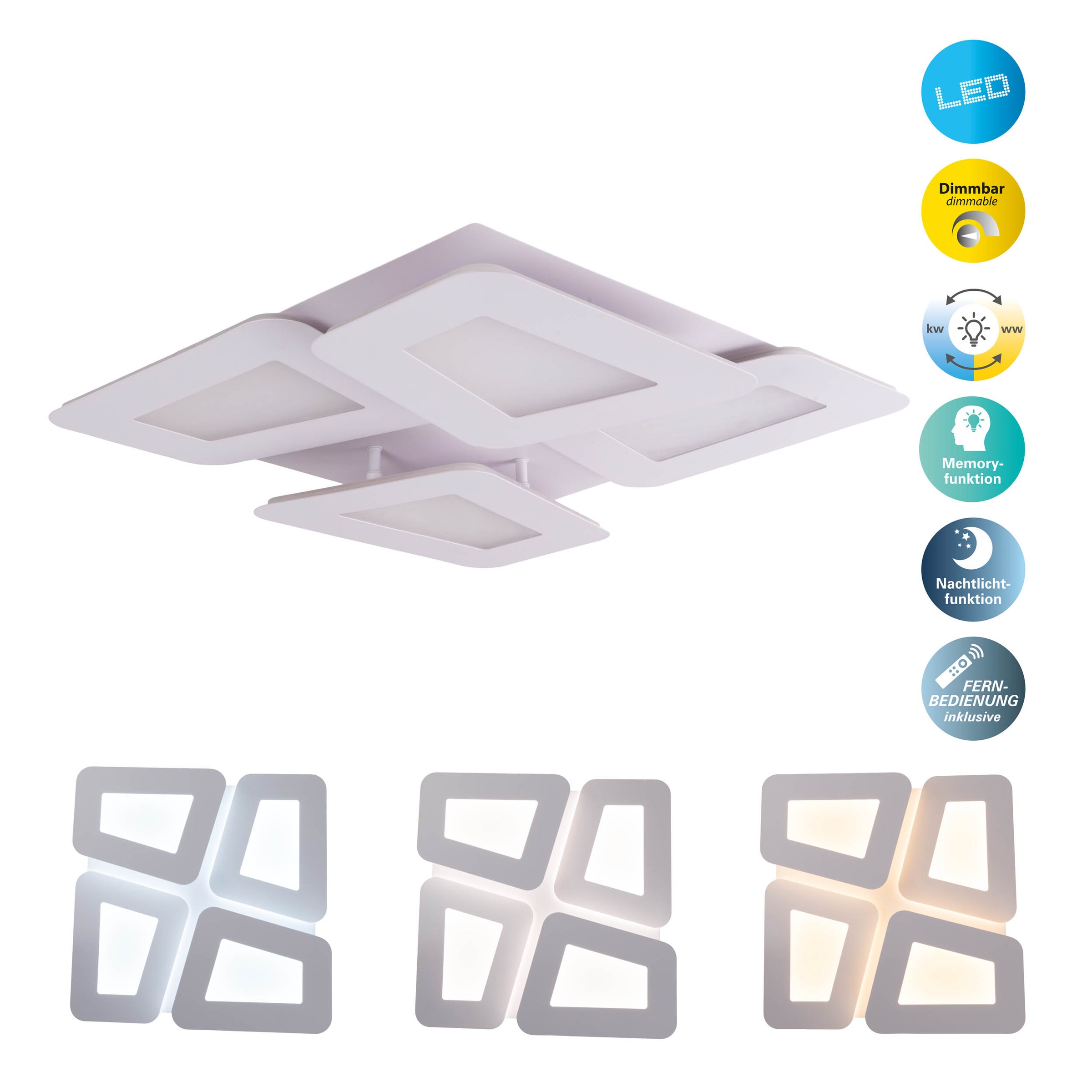 "NÄVE LED Deckenleuchte ""Simen"", weiß, 1, H: 8cm, 1 Stk., Leuchten, dimmbar, CCT, Memory, Nachtlicht, Fernbedienung, L/B: 48cm, weiß, LED