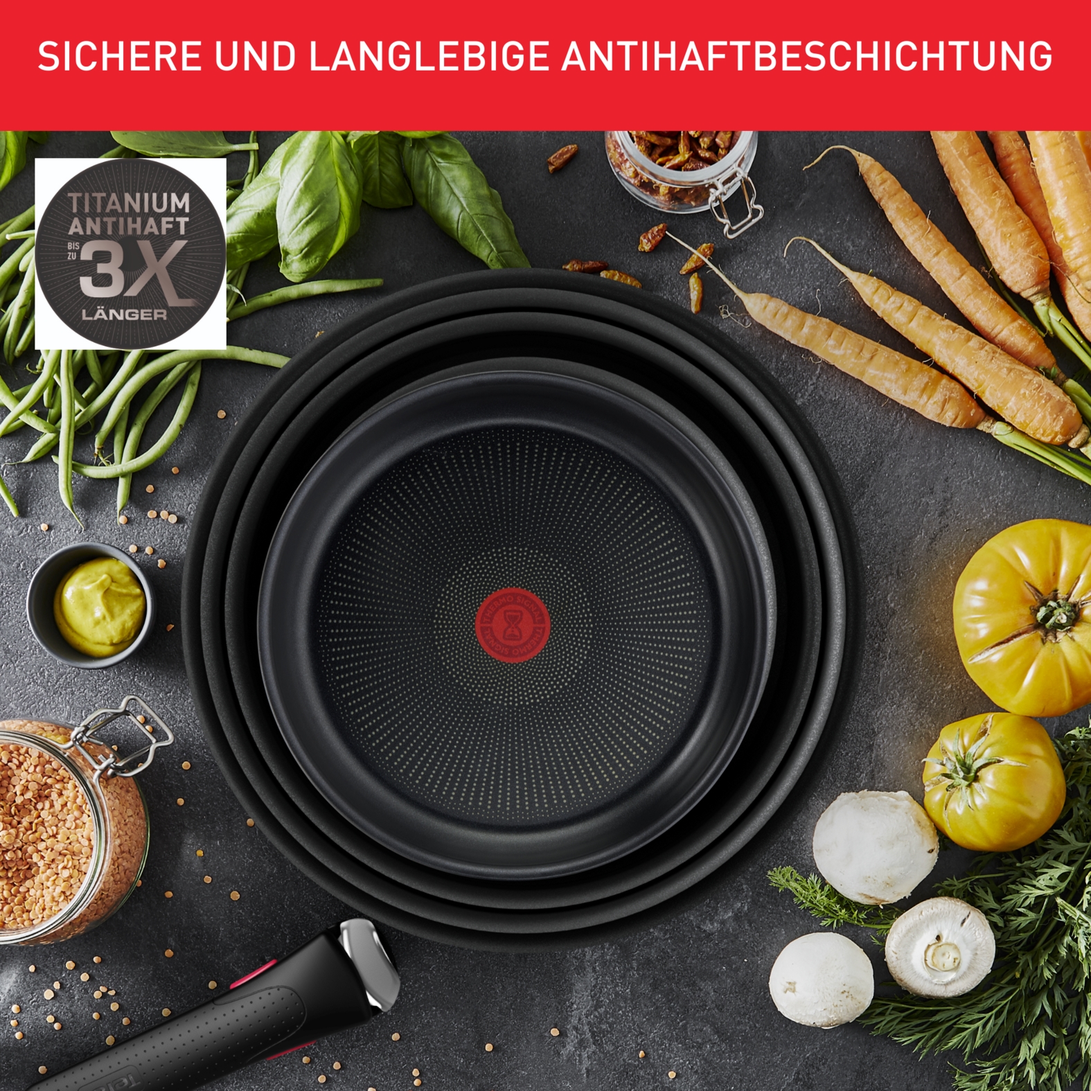 Tefal Topf-Set »L76491 Ingenio Ultimate, Topfset Induktion, Antihaftversiegelung«, Aluminium, (Set, 10 tlg., Stielkasserolle 16/20 cm, Schmorkasserolle 24 cm, Bratpfanne 24/28 cm), für alle Herdarten geeignet, Thermo-Signal bei idealer Brattemperatur