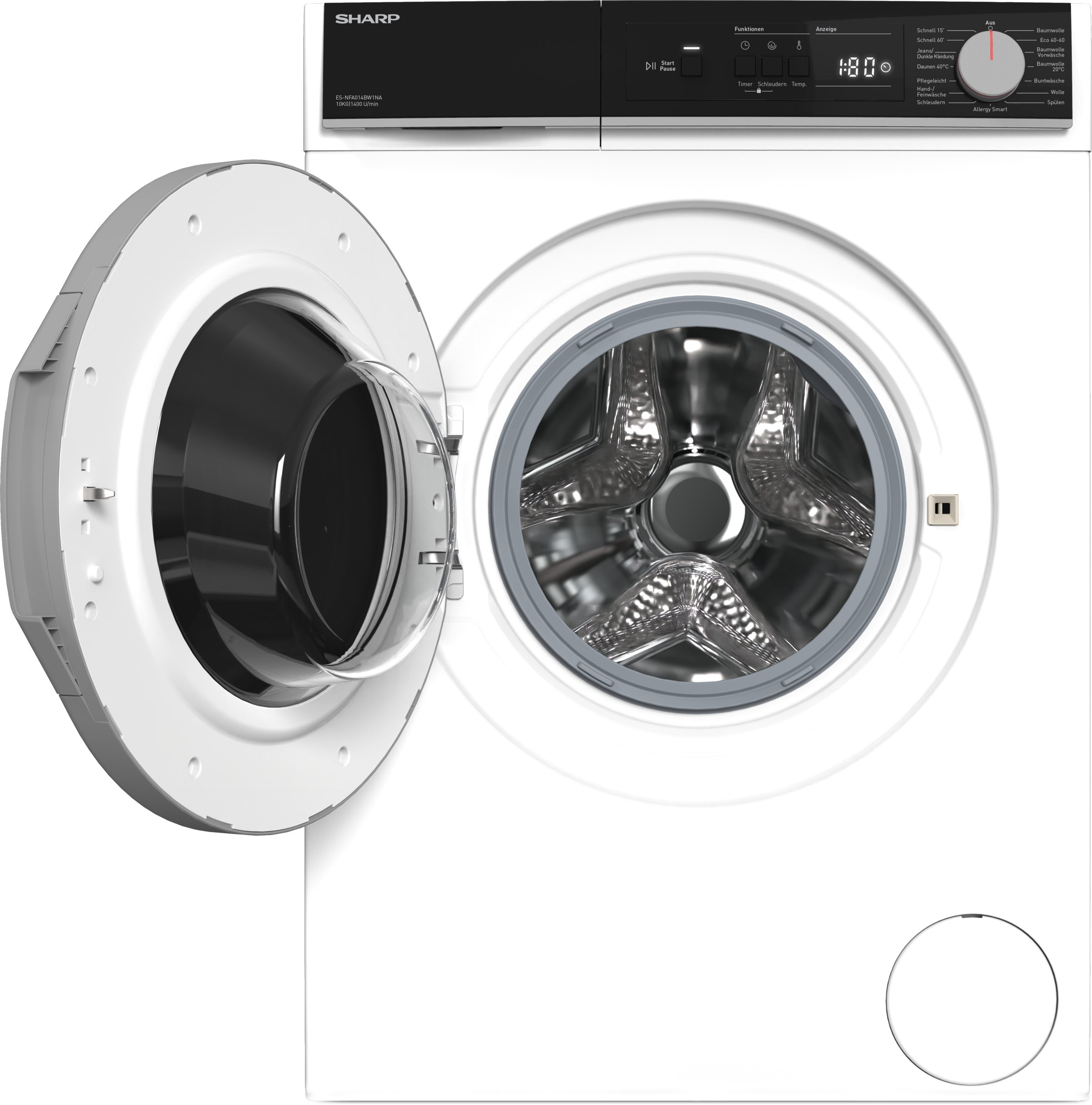 Sharp Waschmaschine Budget Class »ES-NFA014BW1NA-DE«, 10 kg, 1400 U/min, 10kg / A / AquaStop / Black panel and door-ring / White