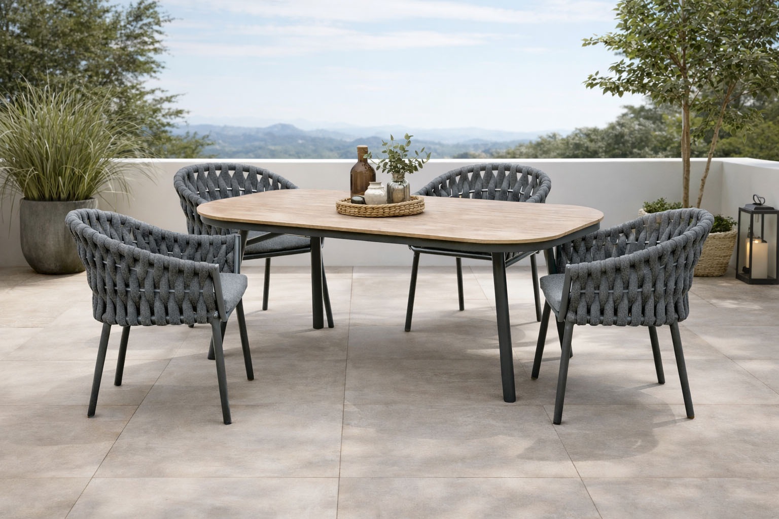 Destiny Garten-Essgruppe "MOLINO SAN MARINO 4 Se + Tisch OV 180x90cm holzfarben/ anthrazit" Set, Aluminium, Rope, Polywood