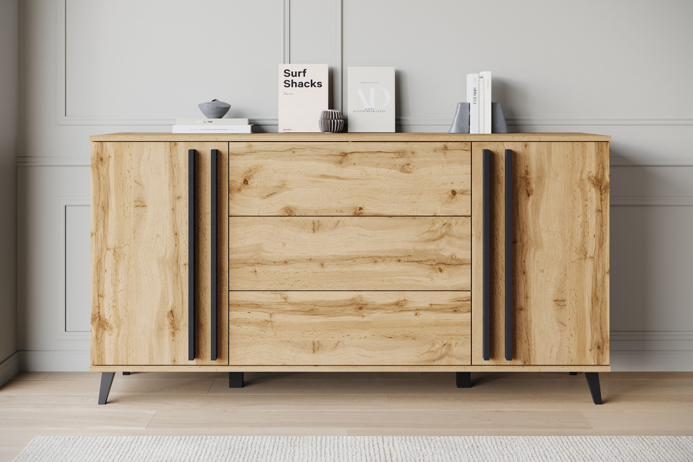 Home affaire Sideboard "Helsinki, Kommode mit 2 Türen und 3 Schubladen, Breite 150 cm" 1 Stk. tlg. Push-to-Open-Schubladen, höhenverstellbare Einlegeböden