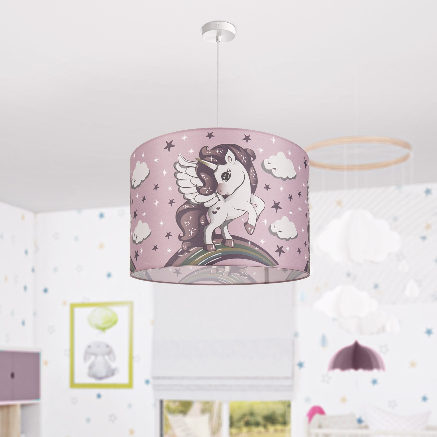 Paco Home Pendelleuchte »Cosmo 213«, 1 flammig, Leuchtmittel E27 | ohne Leuchtmittel, Kinderlampe Deckenlampe LED Kinderzimmer Lampe Mit Einhorn, E27