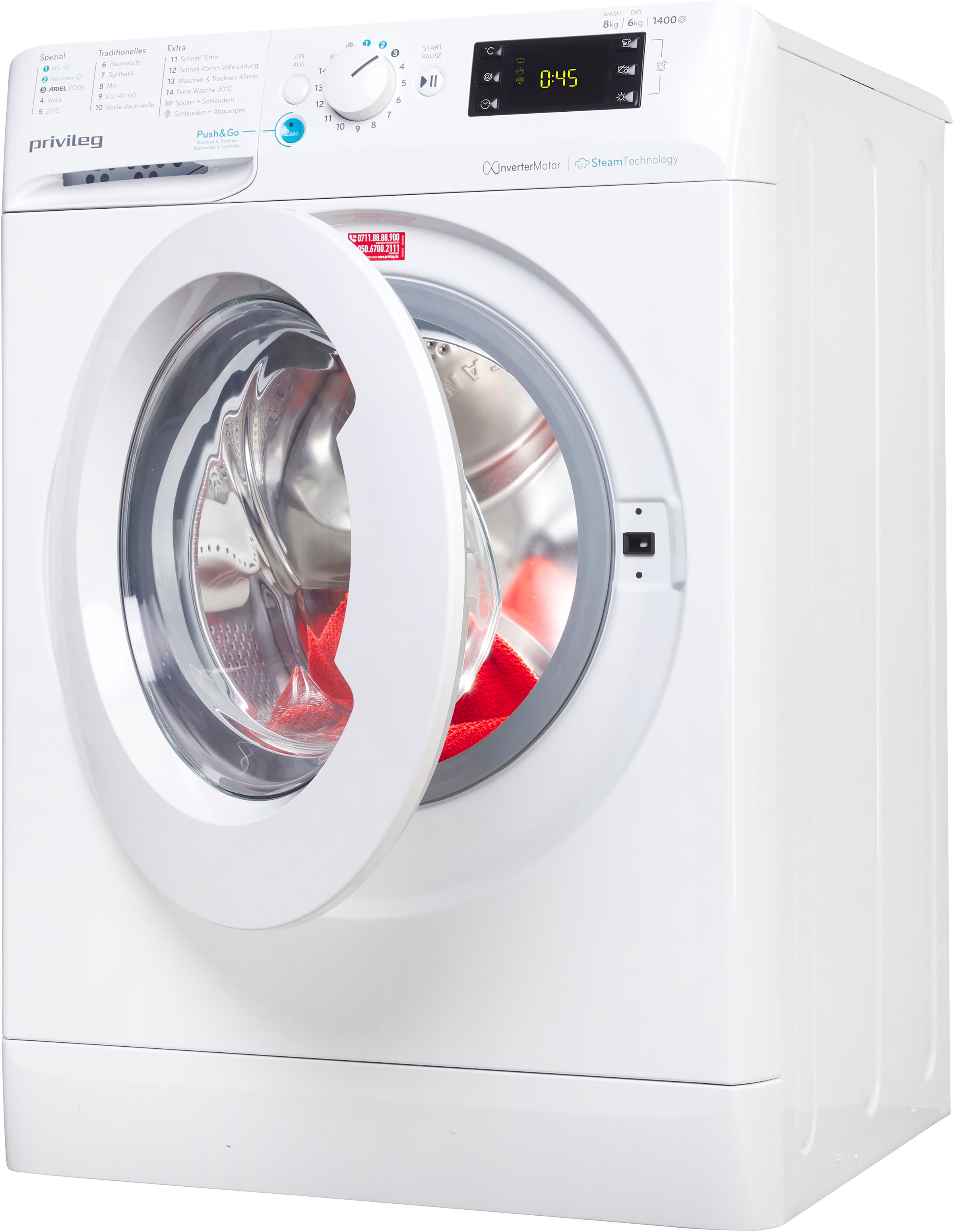 Privileg Waschtrockner "PWWTV X 86H69" 8 kg /6 kg 75 dB(A) Push&Go mit Steam-Technologie – Reduziert die Bügelzeit um bis zu 30%
