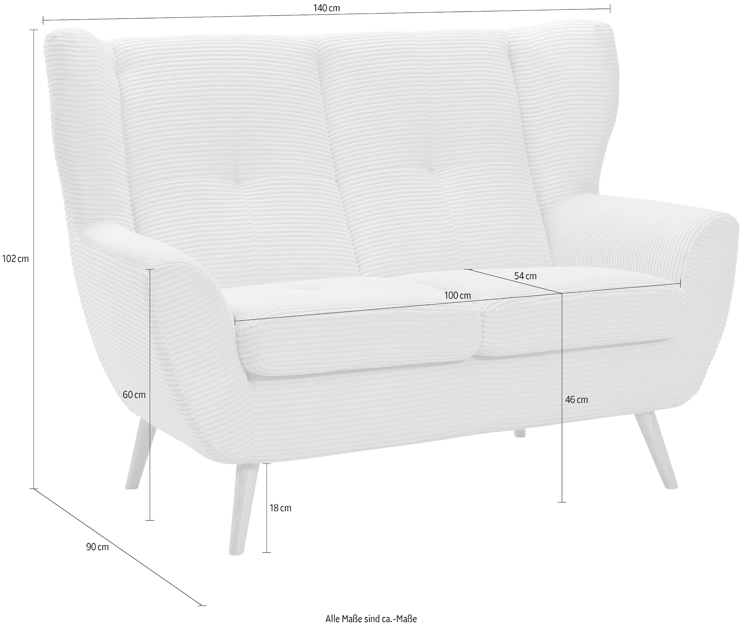exxpo - sofa fashion 2-Sitzer »ALVESTA, Loungesofa, Küchensofa, hoher Sitzkomfort, Ohrenbackensofa«, gemütliche Rückenlehne, mit Knopfheftung und hohen Holzfüßen, in Cord