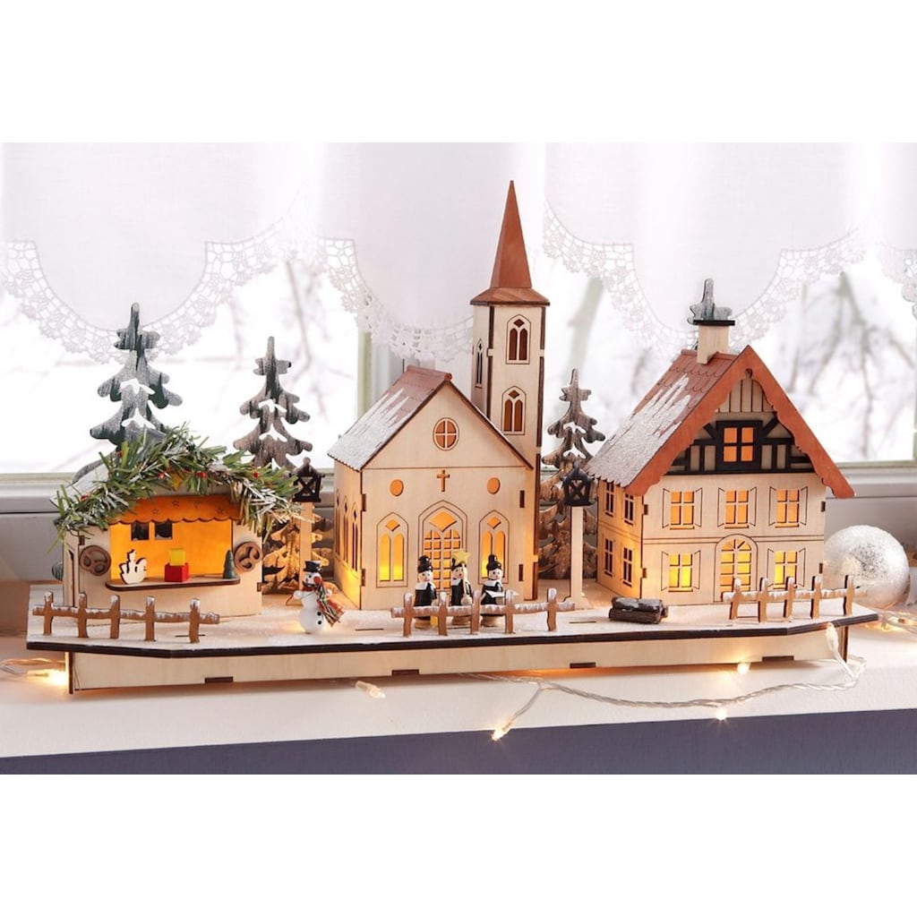 Home affaire Weihnachtsdorf »mit idyllischer Winterlandschaft«, Weihnachtsdeko aus Holz, mit LED-Beleuchtung, Breite ca. 50 cm