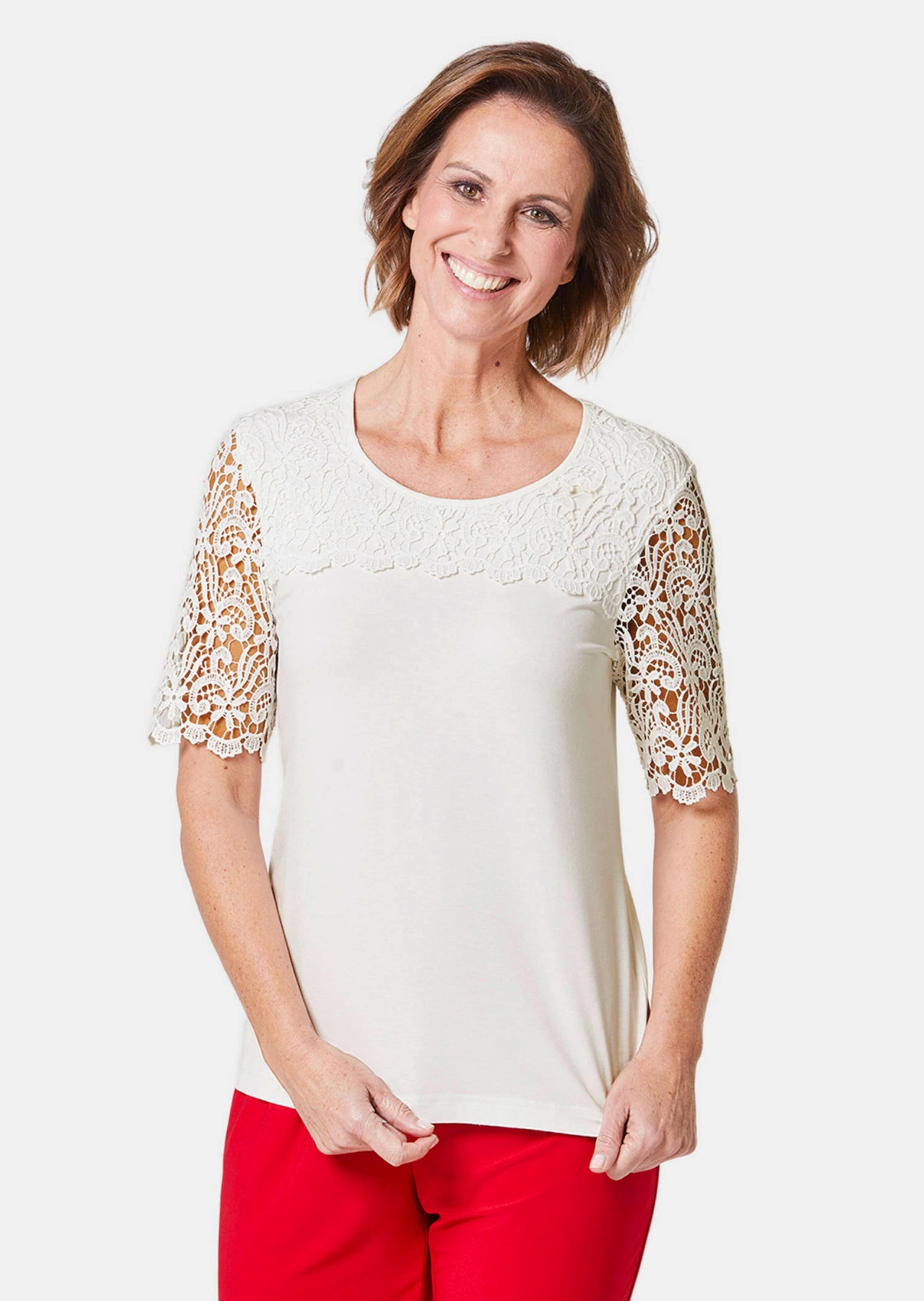 Thumbnail - GOLDNER Langarm-Poloshirt "Viskose-Blusenshirt mit Spitze" Ohne