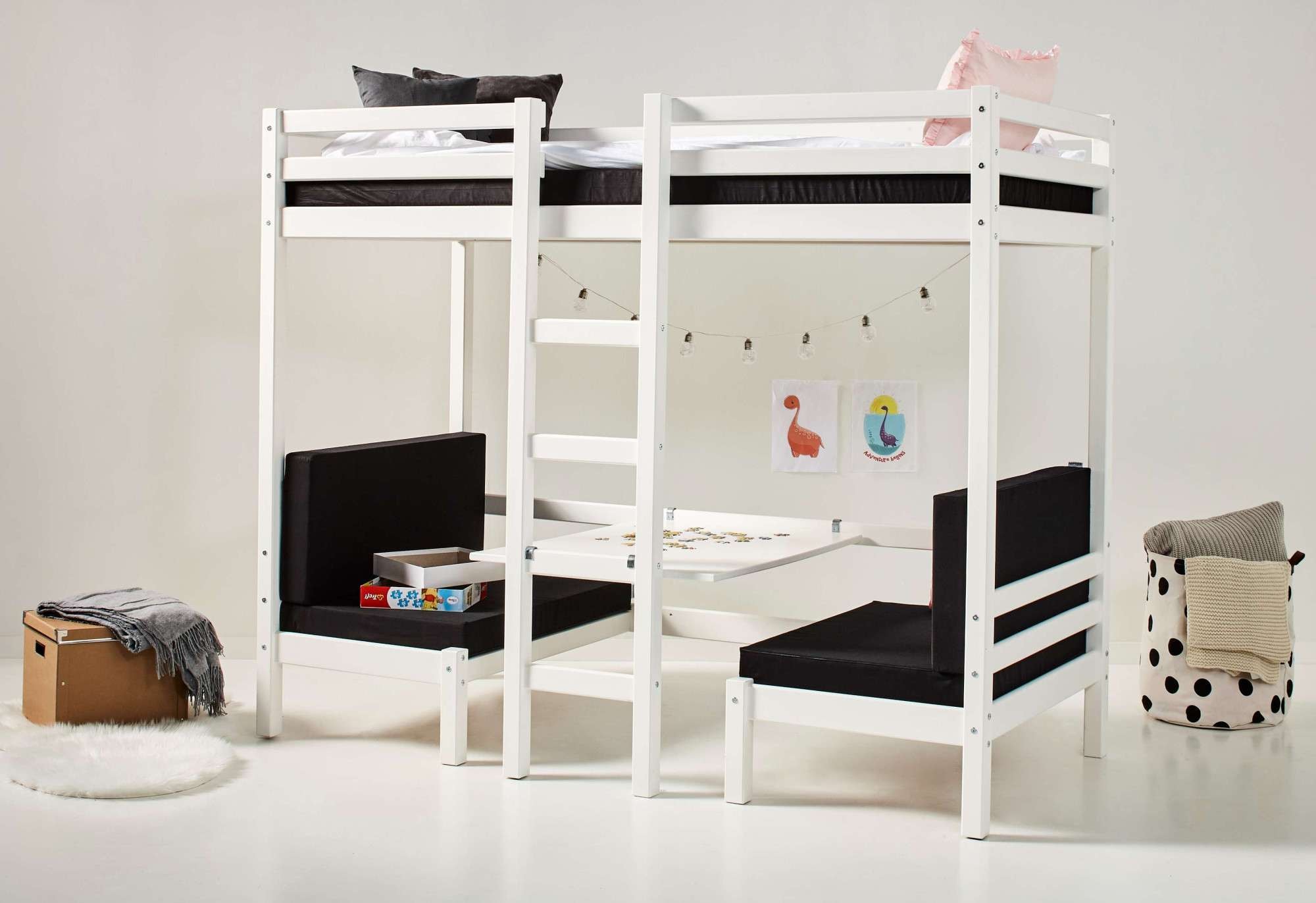 Hoppekids Etagenbett »ECO Dream JUMBO Hochbett B/T/H 101/208/170 cm, umbaubar zum Etagenbett«, Kissen-Set in Pink, Blau oder Schwarz für Sitzgruppe inkl. Tisch