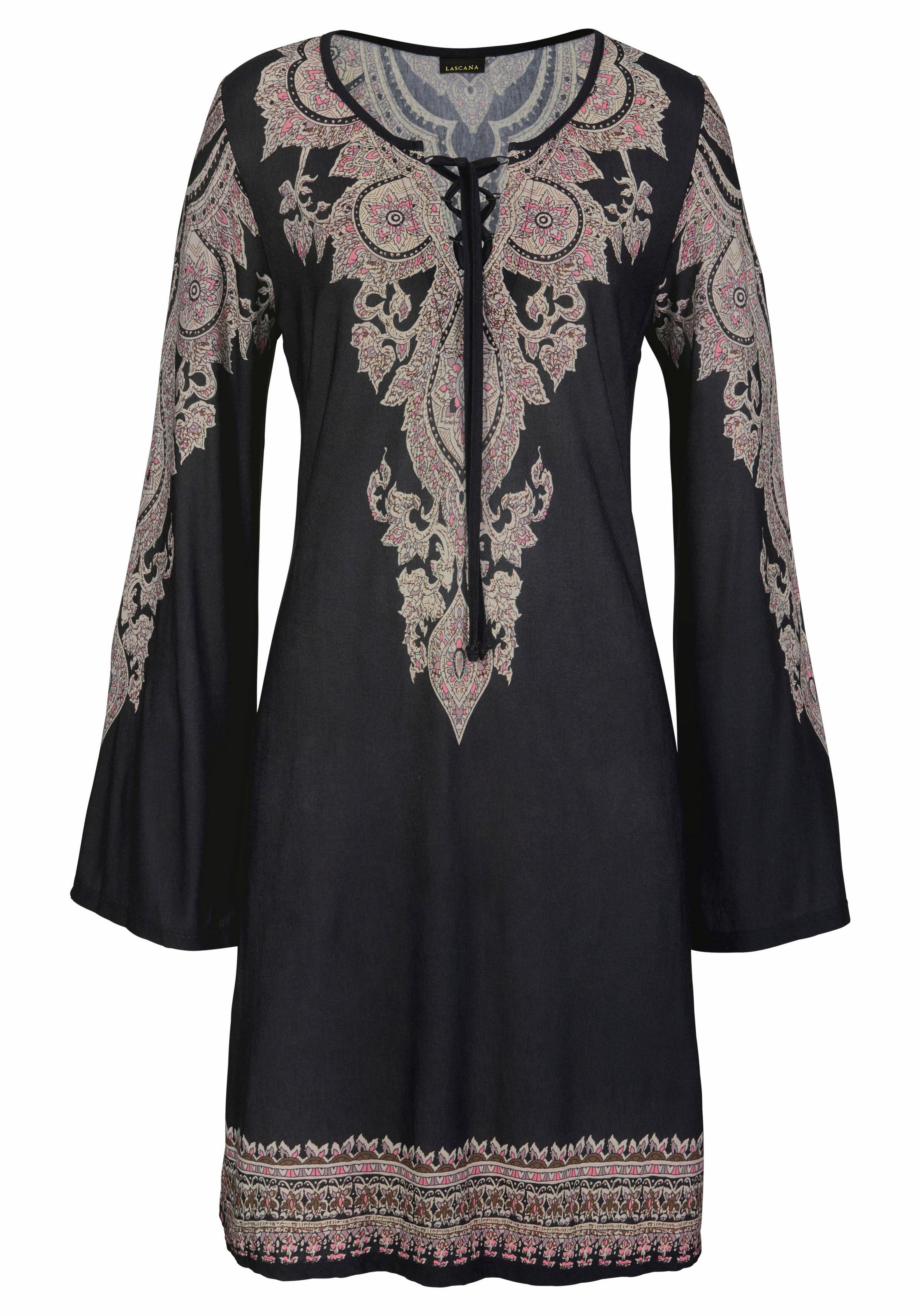 LASCANA Jerseykleid "mit Bordürendruck und Schnürung am Ausschnitt" Ohne Taschen lockeres Sommerkleid, Viskosekleid mit weiten Ärmeln, Boho-Kleid