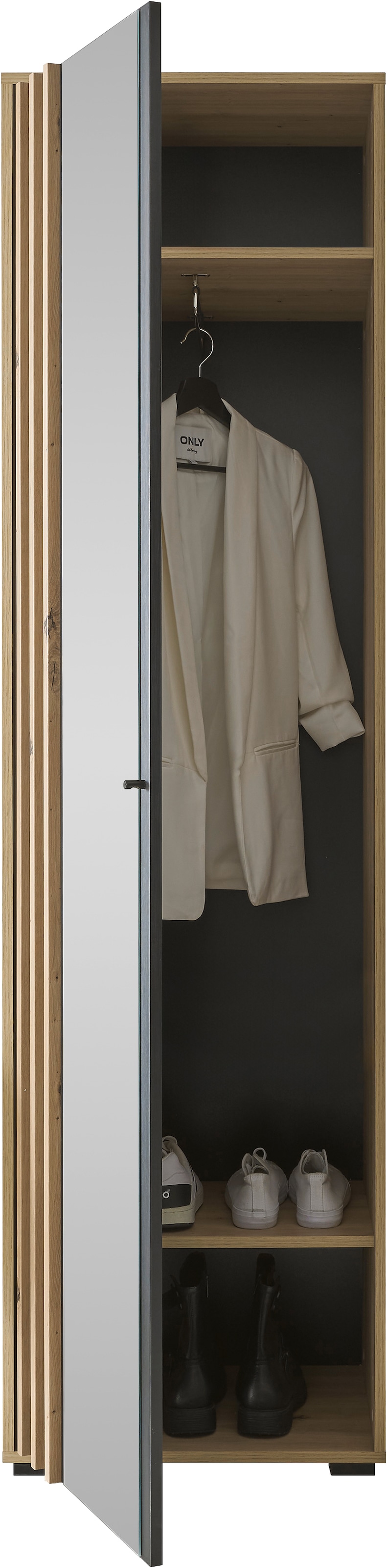 HBZ Garderoben-Set »5-tlg. Eiche MDF Stripes Flurgarderobe Stellmaß BxHxT 230x196x38 cm«, (5 St.), Mit Schuhkommode, Hochschrank, Bank, Paneel, Spiegel