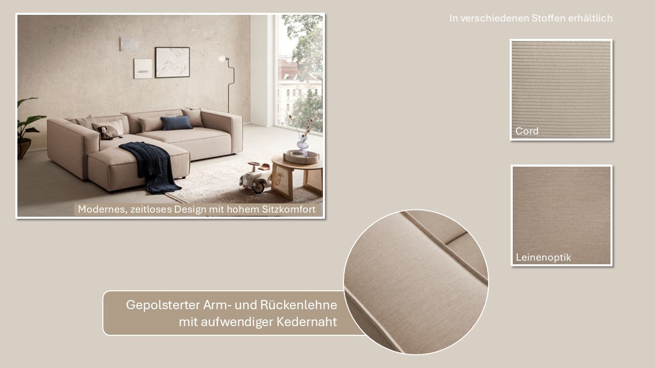 LeGer Home by Lena Gercke Polsterecke »PIARA XXL, L-Form mit Schlaffunktion, Big-Sofa in Cord o. Leinenoptik«, Hocker stellbar zum Schlafsofa (Krokodilverbinder), tiefe Sitzfläche