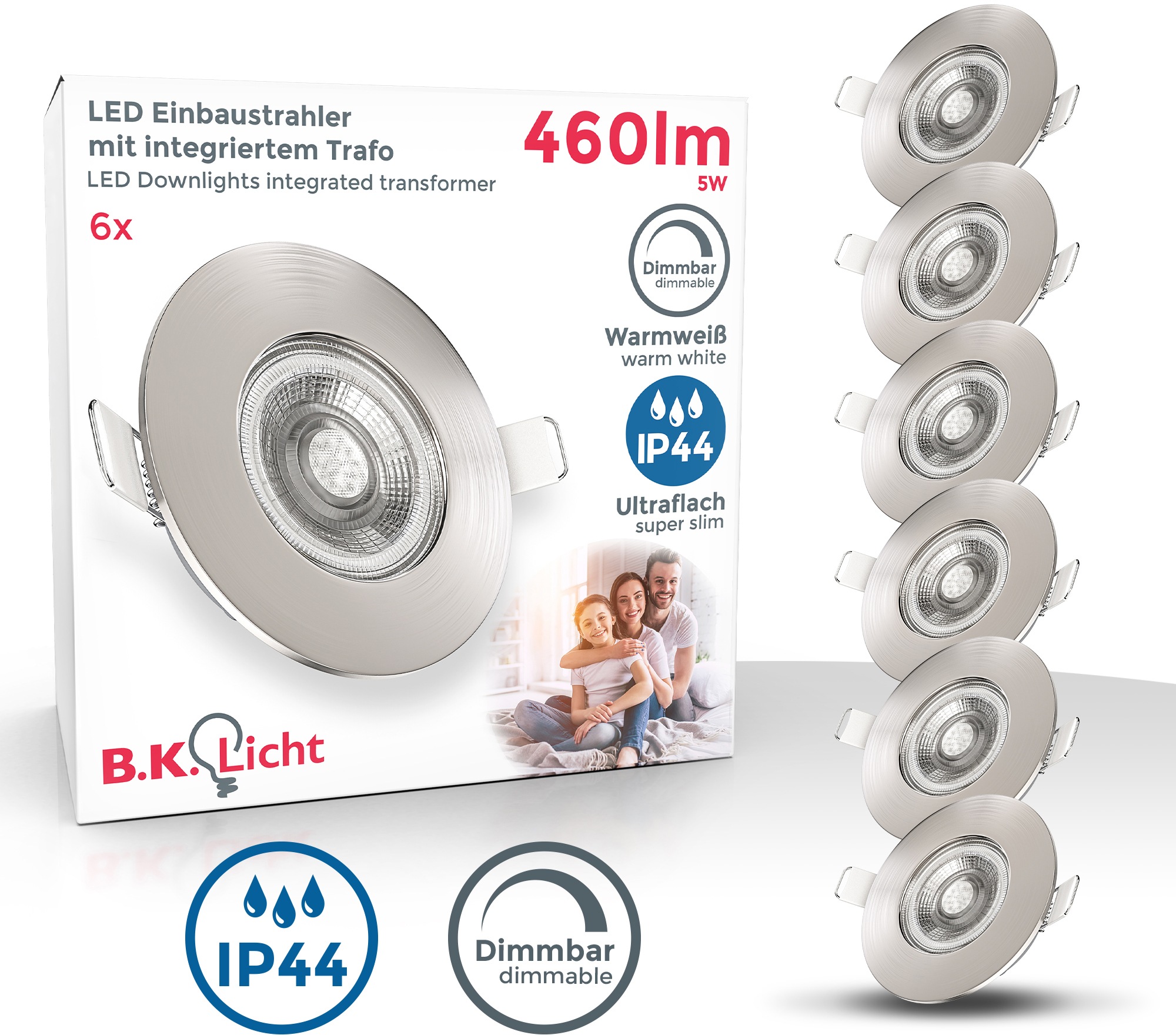 LED Bad-Einbauleuchte, 6er Set, Schutzart IP44, spritzwassergeschützt