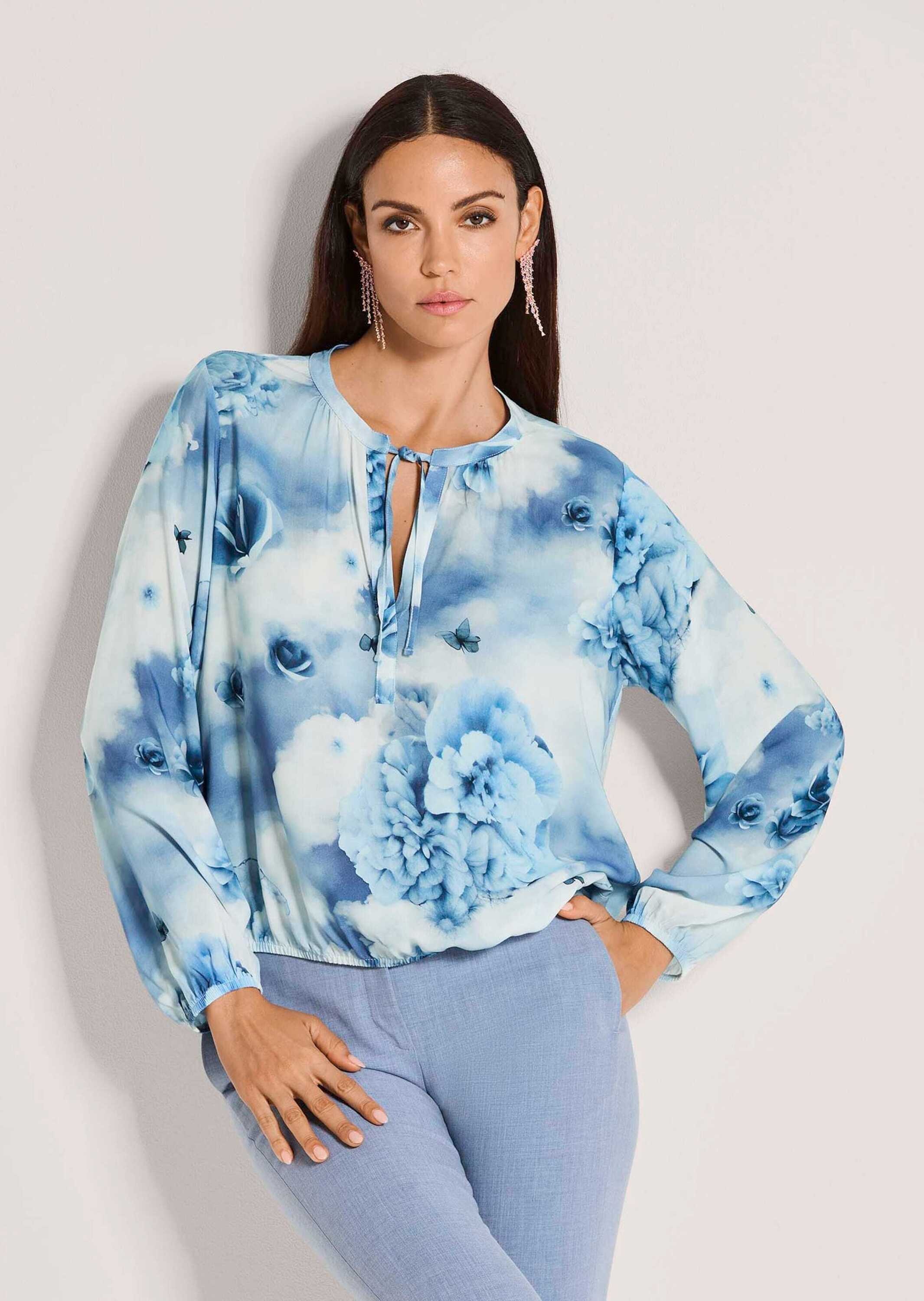MADELEINE Langarmbluse »Blusenshirt Druckbluse mit floralem Aquarellprint« Ausschnitt mit Bindeband