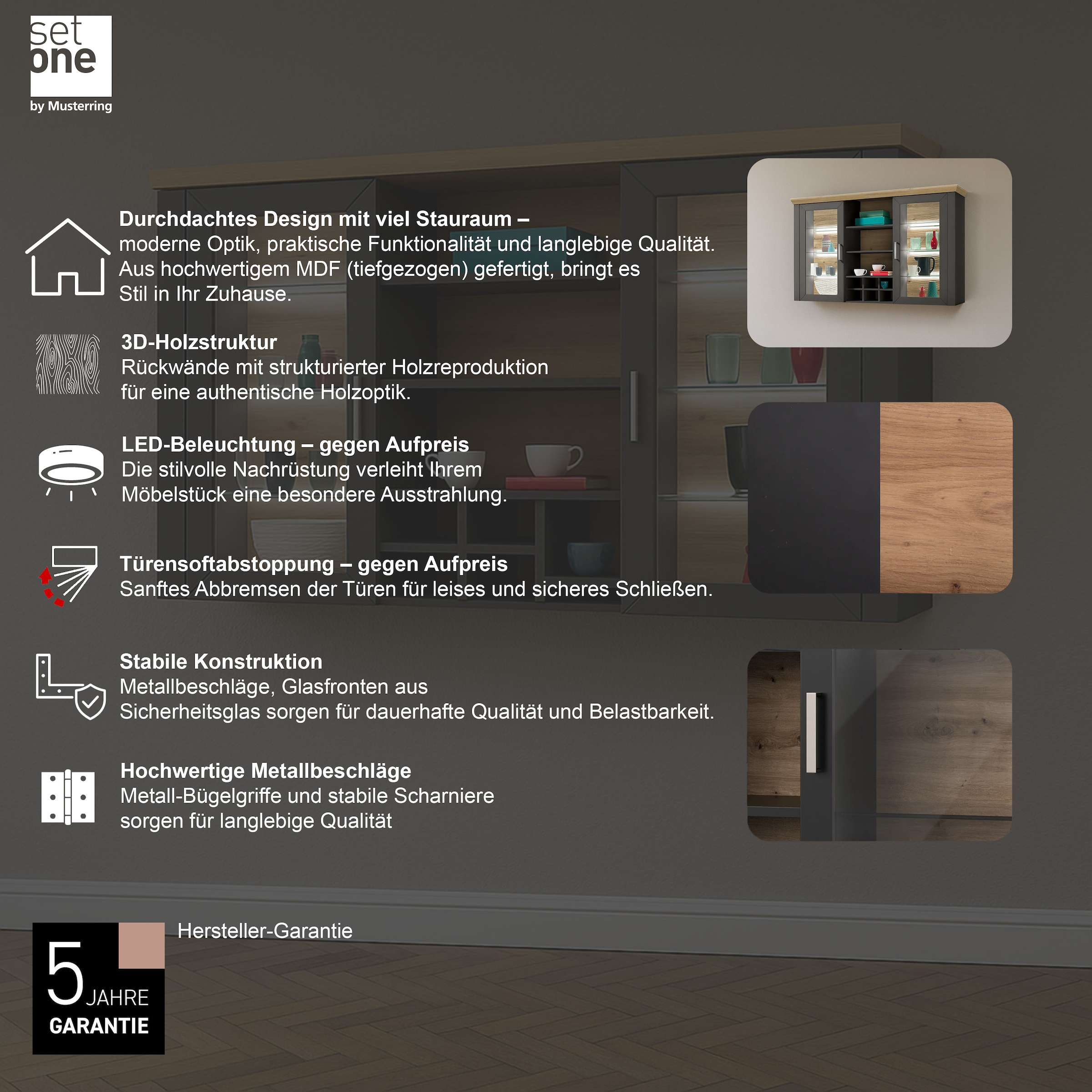 set one by Musterring Aufsatzschrank »York« Typ 24, Glastüren und Flaschenregal, Beleuchtung optional, B 184 cm