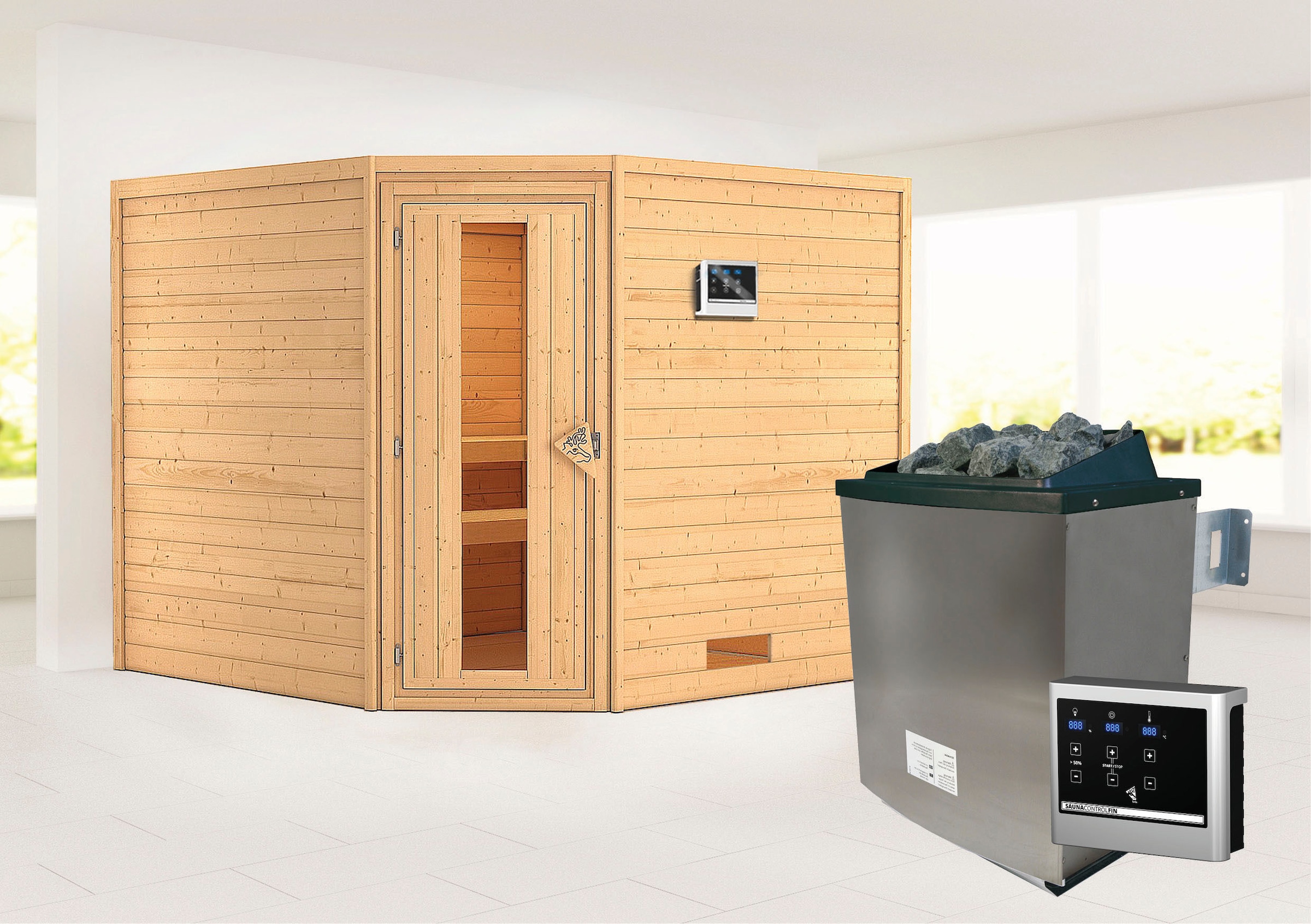 Karibu Sauna »"Leona" mit Energiespartür Ofen 9 KW externe Strg modern«, aus hochwertiger nordischer Fichte