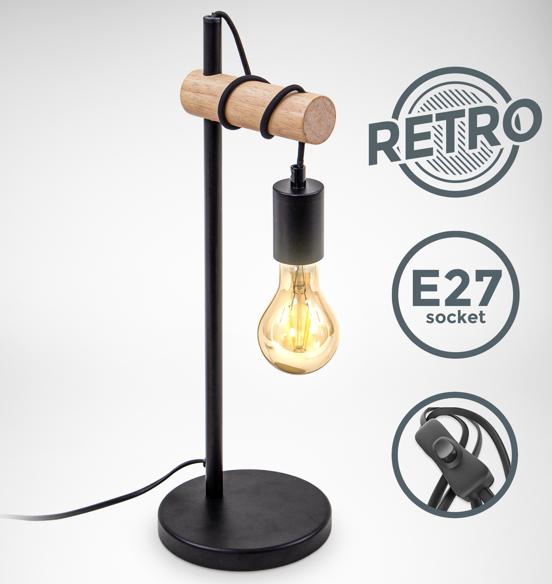 B.K.Licht Tischleuchte »BK_TL1341 Retro Tischlampe, Stahl, Holz, Rund, E27«, 1 flammig, Leuchtmittel E27 | ohne Leuchtmittel, 1 flammige Vintage Schreibtischlampe, ohne Leuchtmittel (max. 10W)