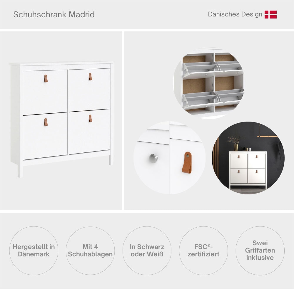 Home affaire Schuhschrank »Madrid, Schuhaufbewahrung mit Griffen, skandinavisches Design« Mit 4 Klappen, jeweils 2 Böden, B: 102 cm, H: 103 cm, Zwei Griffarten