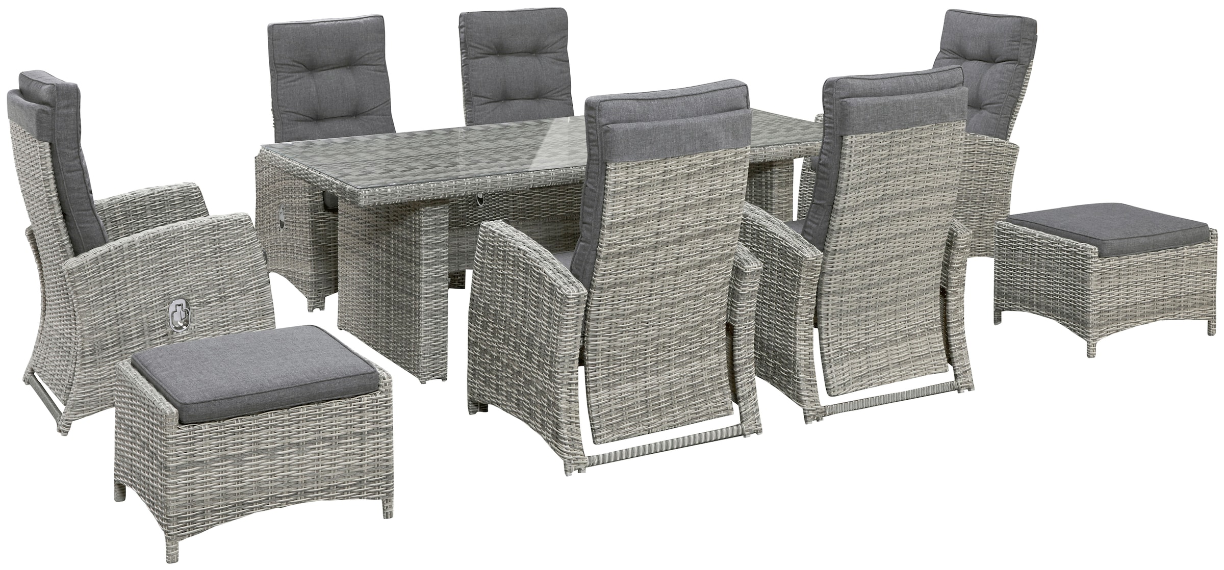 KONIFERA Garten-Essgruppe »Monaco«, (Set, 17 tlg., 6x Sessel, 2x Hocker, 1x Tisch 200x100x74cm, inkl. Auflagen), Polyrattan, Aluminium, Rückenlehne verstellbar