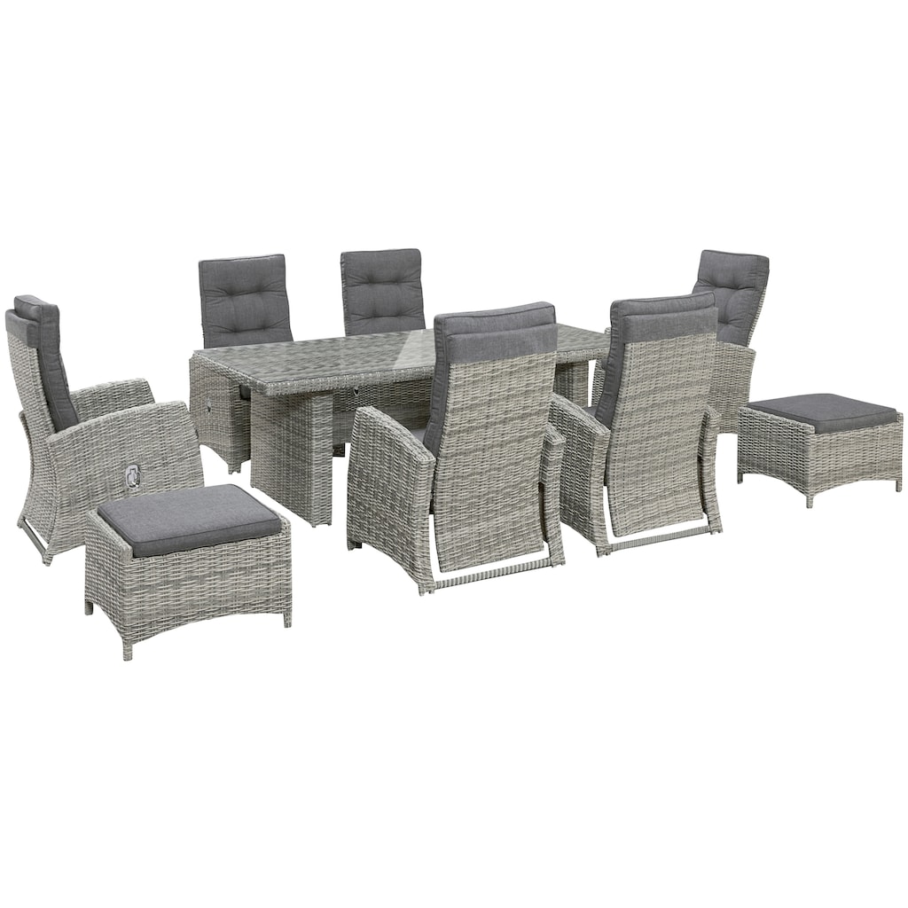 KONIFERA Garten-Essgruppe »Monaco«, (Set, 17 tlg., 6x Sessel, 2x Hocker, 1x Tisch 200x100x74cm, inkl. Auflagen)