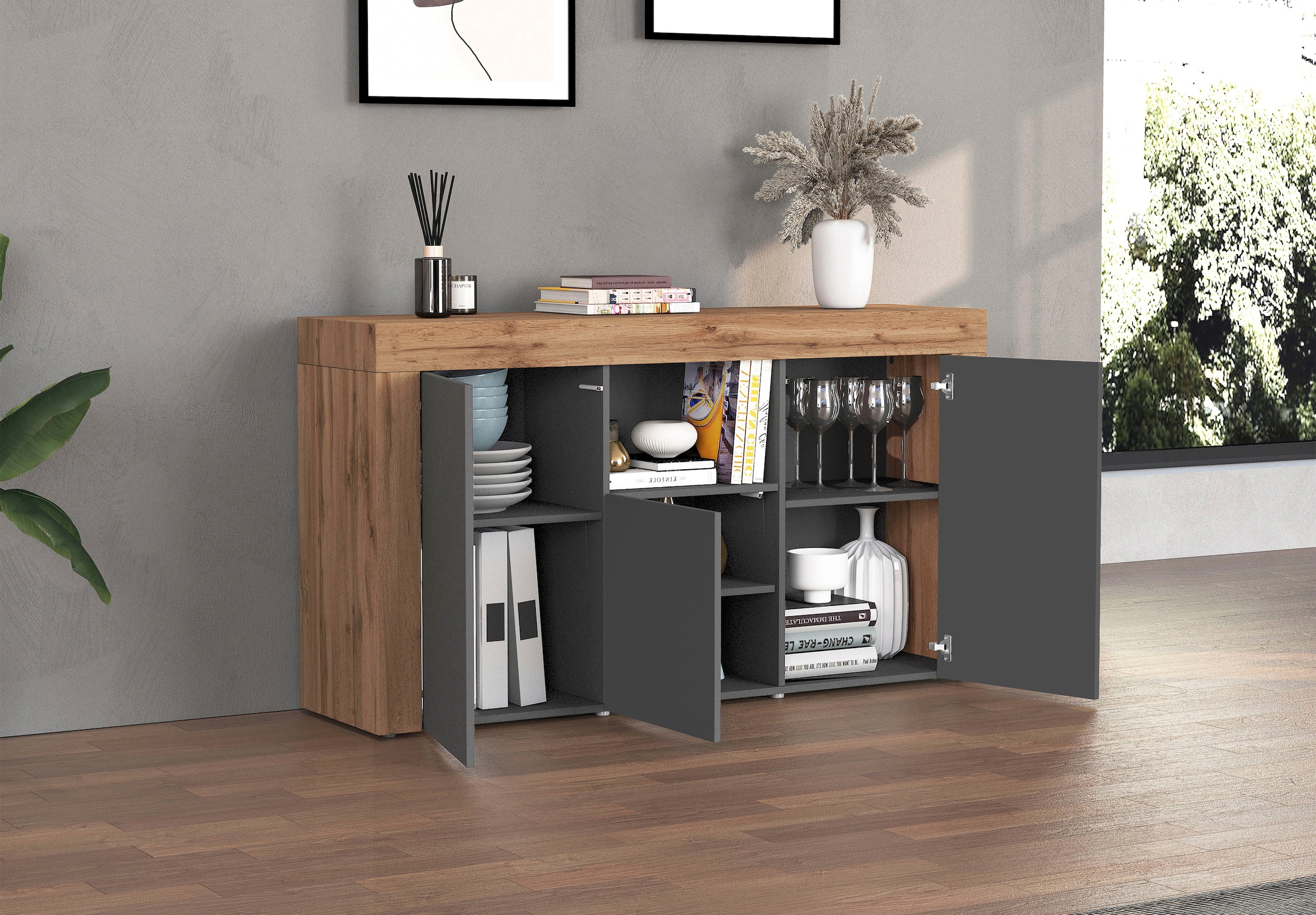OTTO home Sideboard »CHRONOS Breite 155 cm mit 3 Türen, 1 offenes und 6 geschlossene Fächer« 1 Stk. tlg. Sideboard,Kommode, Schrank, Grifflos mit Push to Open, Made in Italy