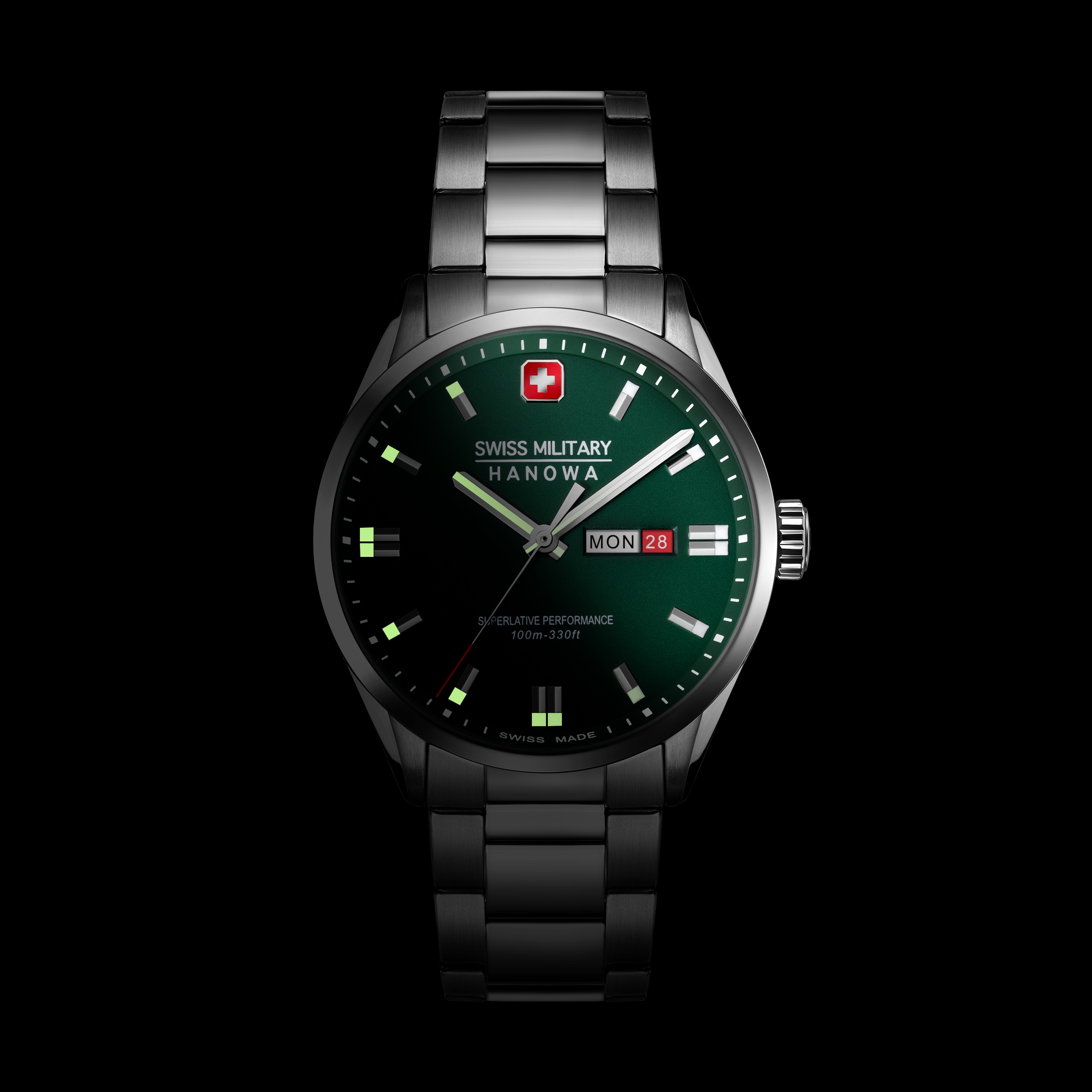 Swiss Military Hanowa Quarzuhr »Roadrunner Maxed« Armbanduhr, Herrenuhr, Swiss Made, Edelstahlarmband, analog, Tag