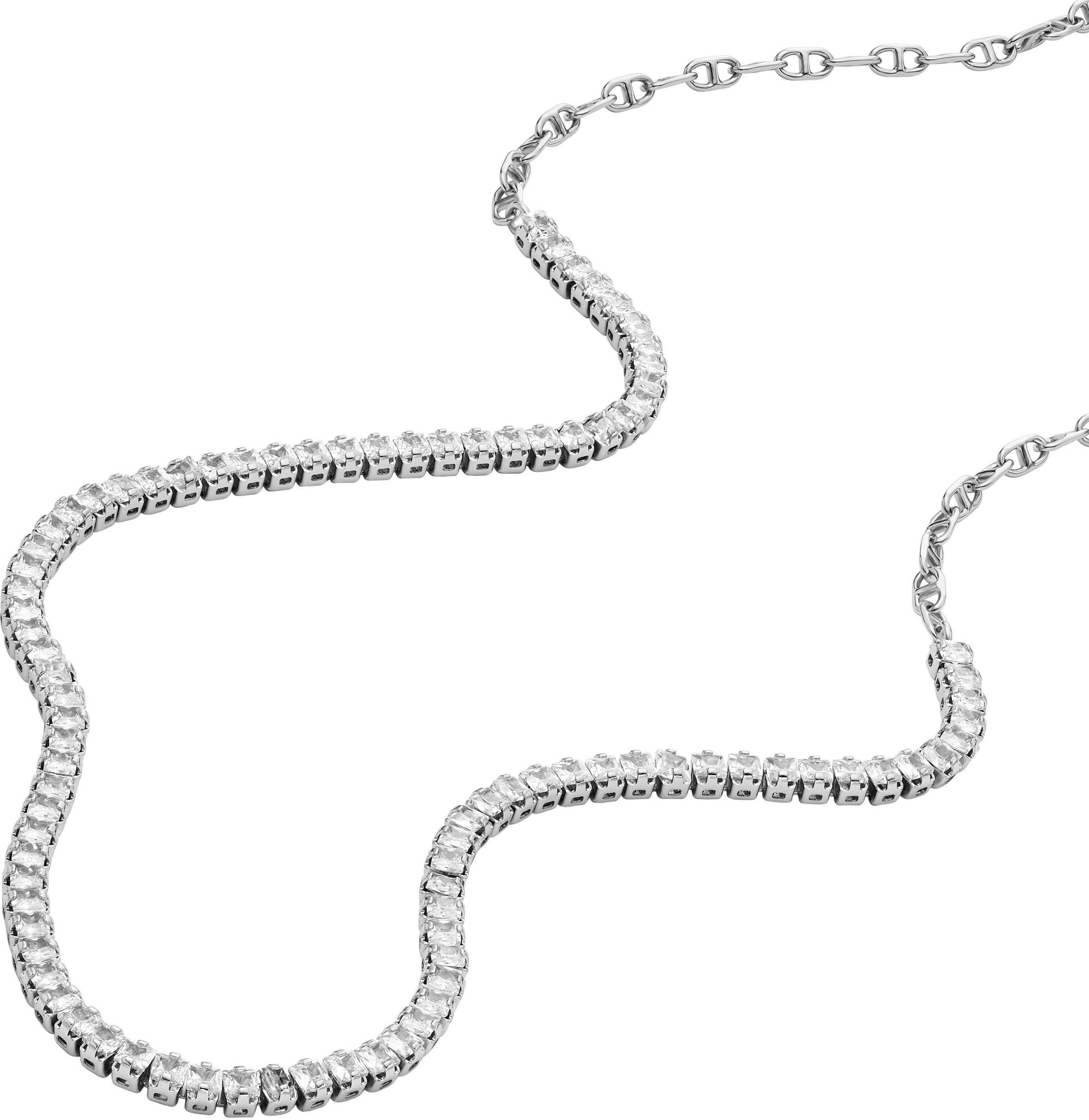 Kette ohne Anhänger FOSSIL "Schmuck Geschenk Edelstahl Halskette Heritage", silber (edelstahlfarben, kristallweiß), Halsketten, Damen, Edelstahl, L: 45,5 B: 2,5mm, mit Glasstein, B:2,5mm 3