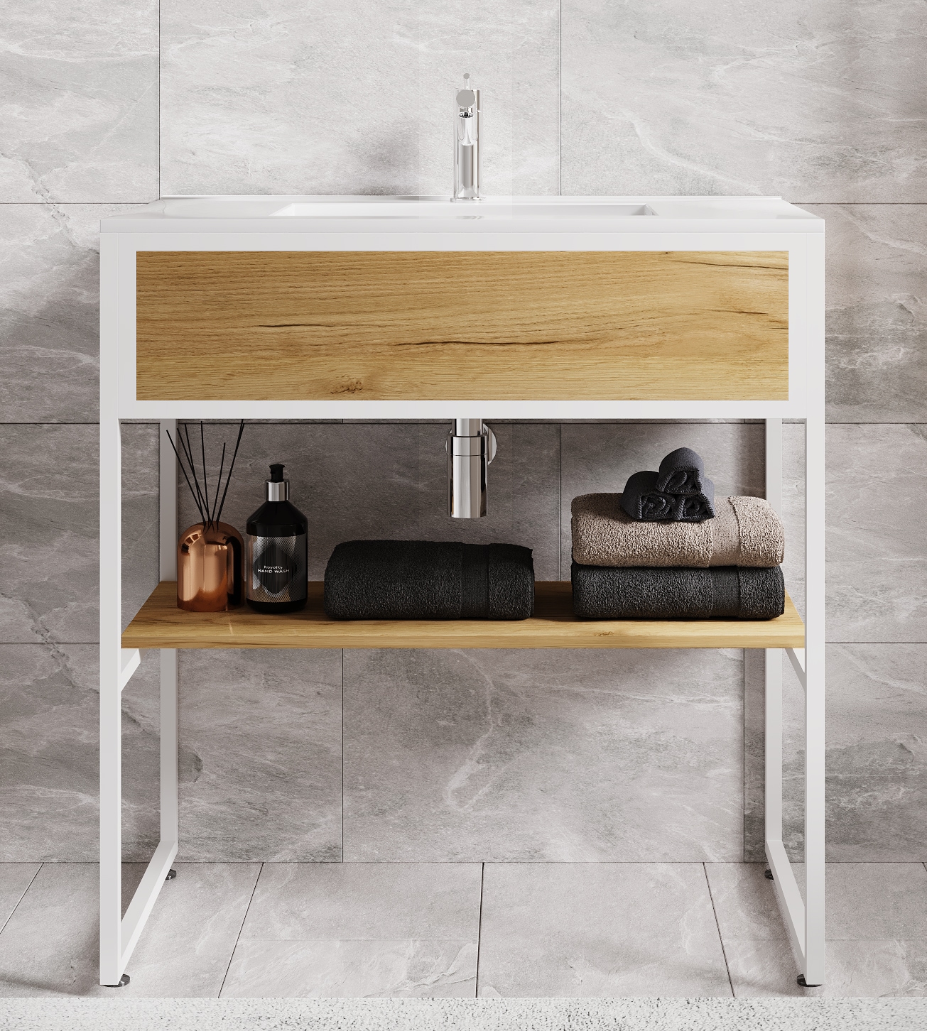 VCM Waschbeckenunterschrank »VCM 2-tlg. Waschplatz Waschtisch Badmöbel Set Waschbecken Holz Metall Industrial Style Bitila 80« 2 Stk. tlg.