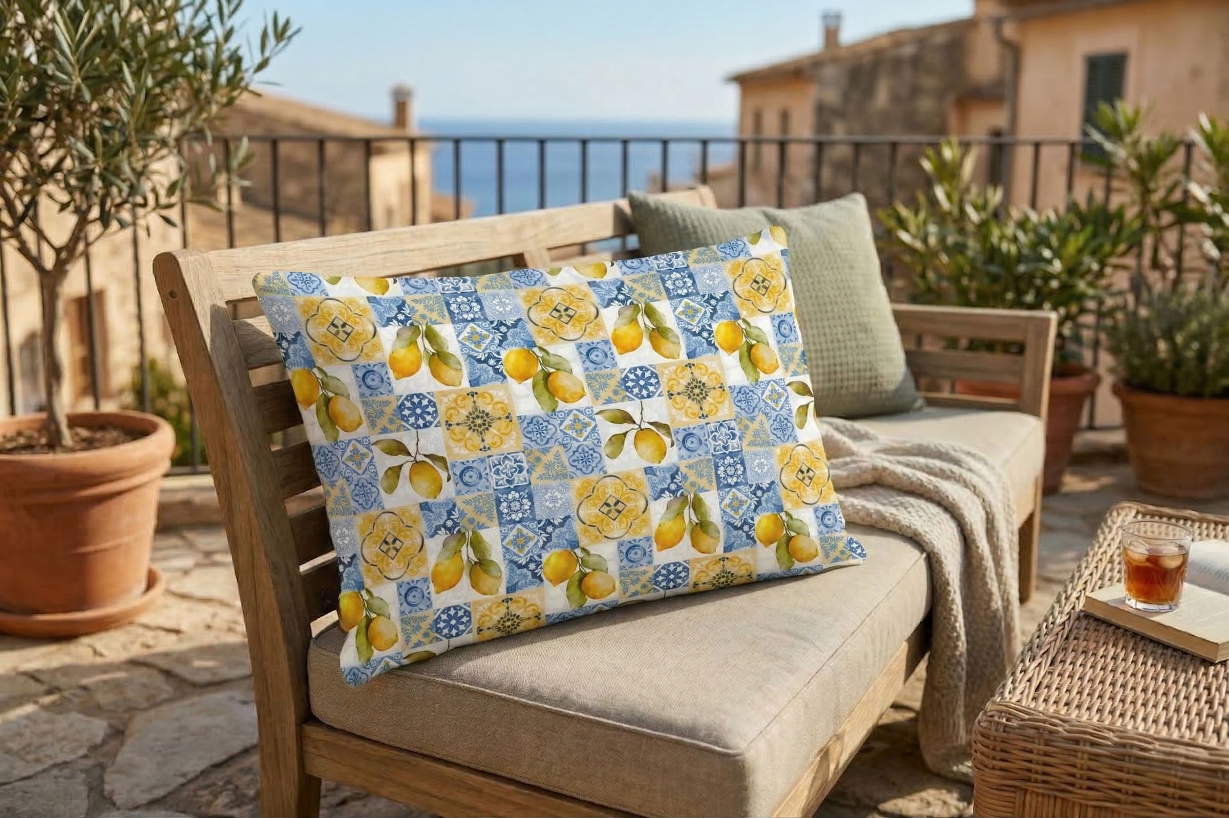 queence Dekokissen »Zitronen Kacheln« Premium Outdoor Kissenbezug; Format: 60x40 cm