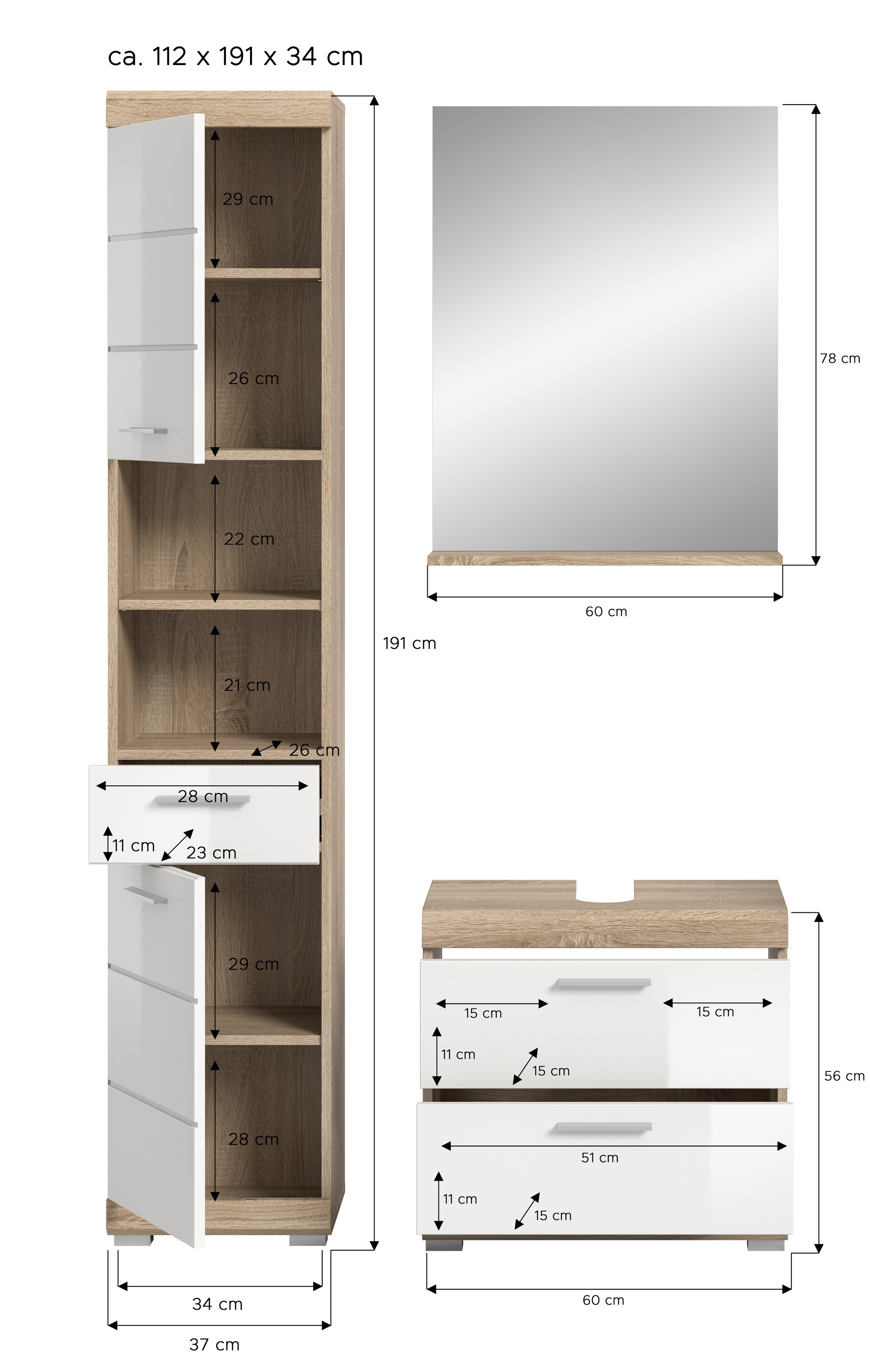 INOSIGN Badmöbel-Set »Siena, 3 teilig, bestehend aus:«, (Set), Hochschrank, Waschbeckenunterschrank, Spiegel
