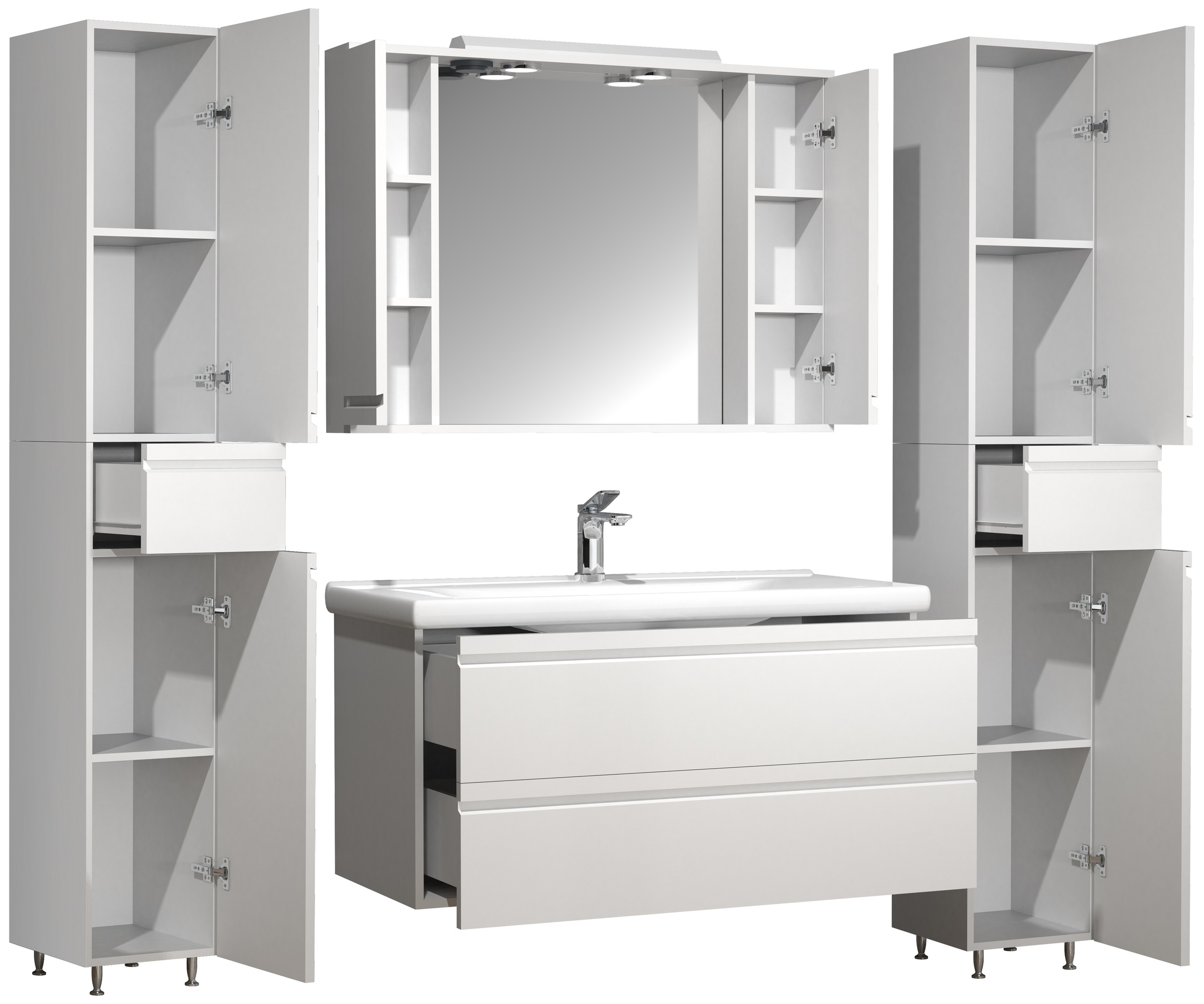 VCM Waschbeckenunterschrank »VCM 5-tlg. Waschplatz Waschtisch 100 cm Badmöbel Set Waschbecken grifflose Schublade Spiegelschrank Hochschrank Silora XL« 5 Stk. tlg.