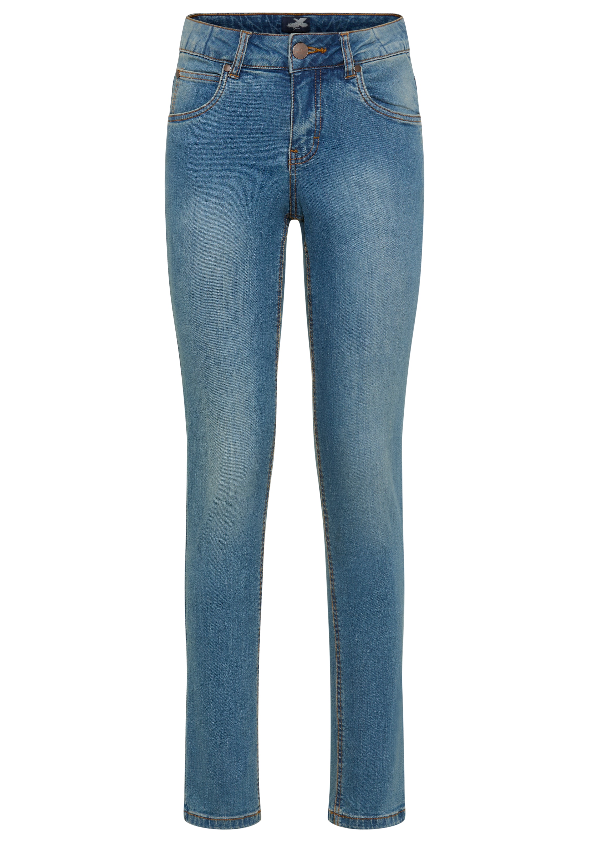 Arizona Slim-fit-Jeans »Bund mit seitlichem Gummizugeinsatz«, schmale Passform, Röhrenjeans, Used-Waschung, hohe Leibhöhe