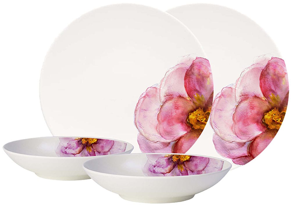 Villeroy & Boch Geschirr-Set "Rose Garden", (Set, 4 tlg., 2x Suppenteller 24cm, 2x Speiseteller 28cm), Made in Germany, 