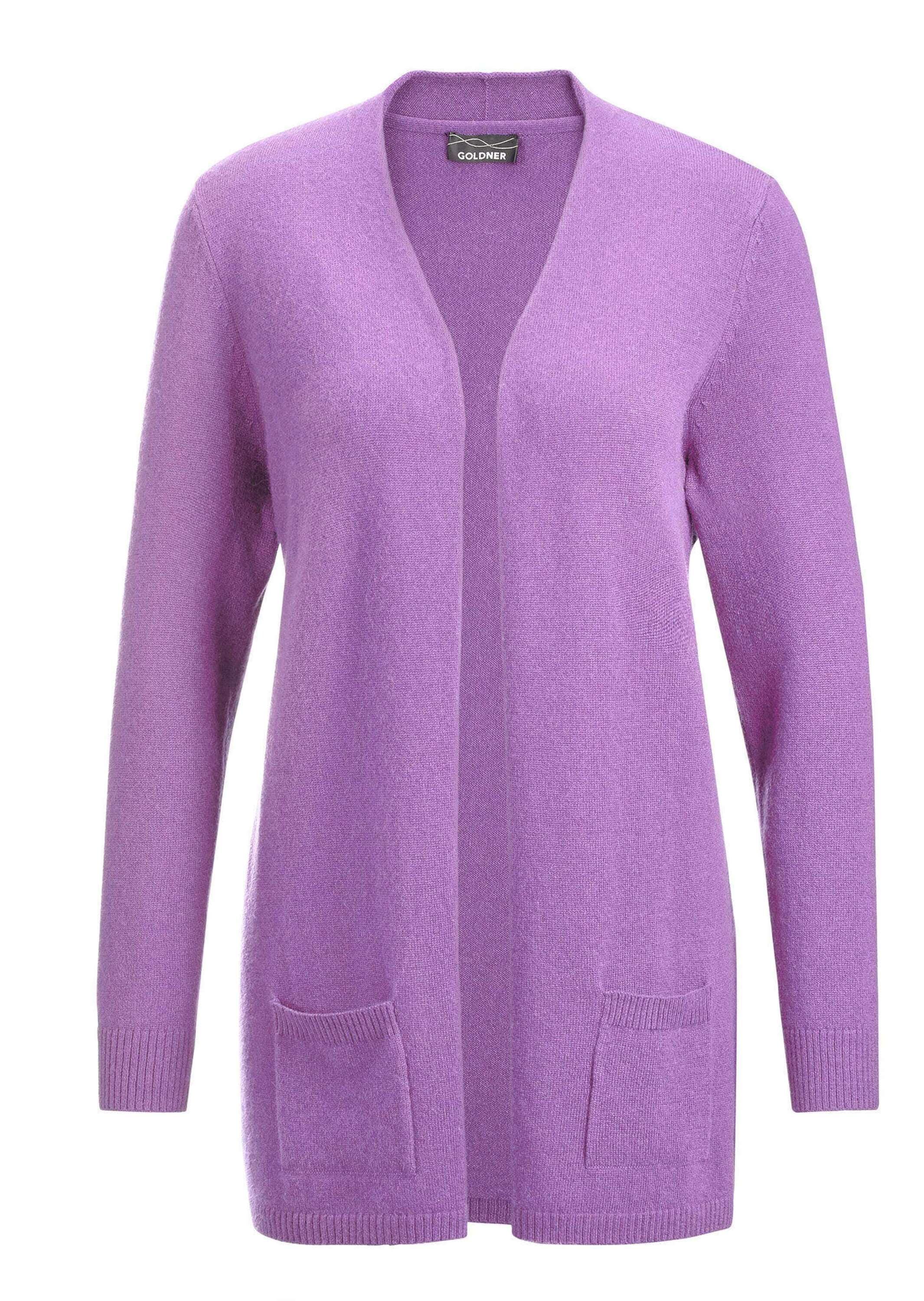 Strickjacke GOLDNER "Kurzgröße Langarm Feinstrick-Cardigan", Damen, Gr. 25, lila (violett), Obermaterial: 100% Kaschmir WS., figurumspielend, Rippe, Strickjacken Strickjacke, Ohne